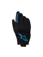 Alpinestars Reef V2 Damen-Handschuhe, Motorradhandschuhe mit kurzem Bündchen, Schwarz mit leuchtend blauem Hawaiian Ocean Branding, Alpinestars-Logo auf dem Handrücken und Schriftzug auf dem Finger, urbaner Fahrstil