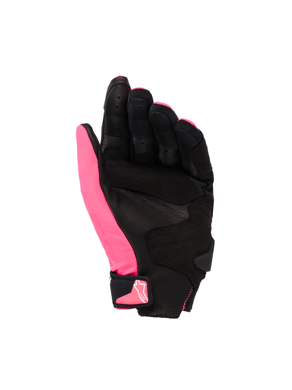 Alpinestars Stella SP X 3 Handschuhe, Damen-Motorradhandschuhe, Diva Pink, Schwarz und Weiß, Handflächenansicht mit perforiertem Leder und synthetischen Überzügen, schwarze Handfläche mit pinkfarbenem Daumen, Klettverschluss am Handgelenk mit pinkfarbenem Logo, ergonomisches Sportdesign