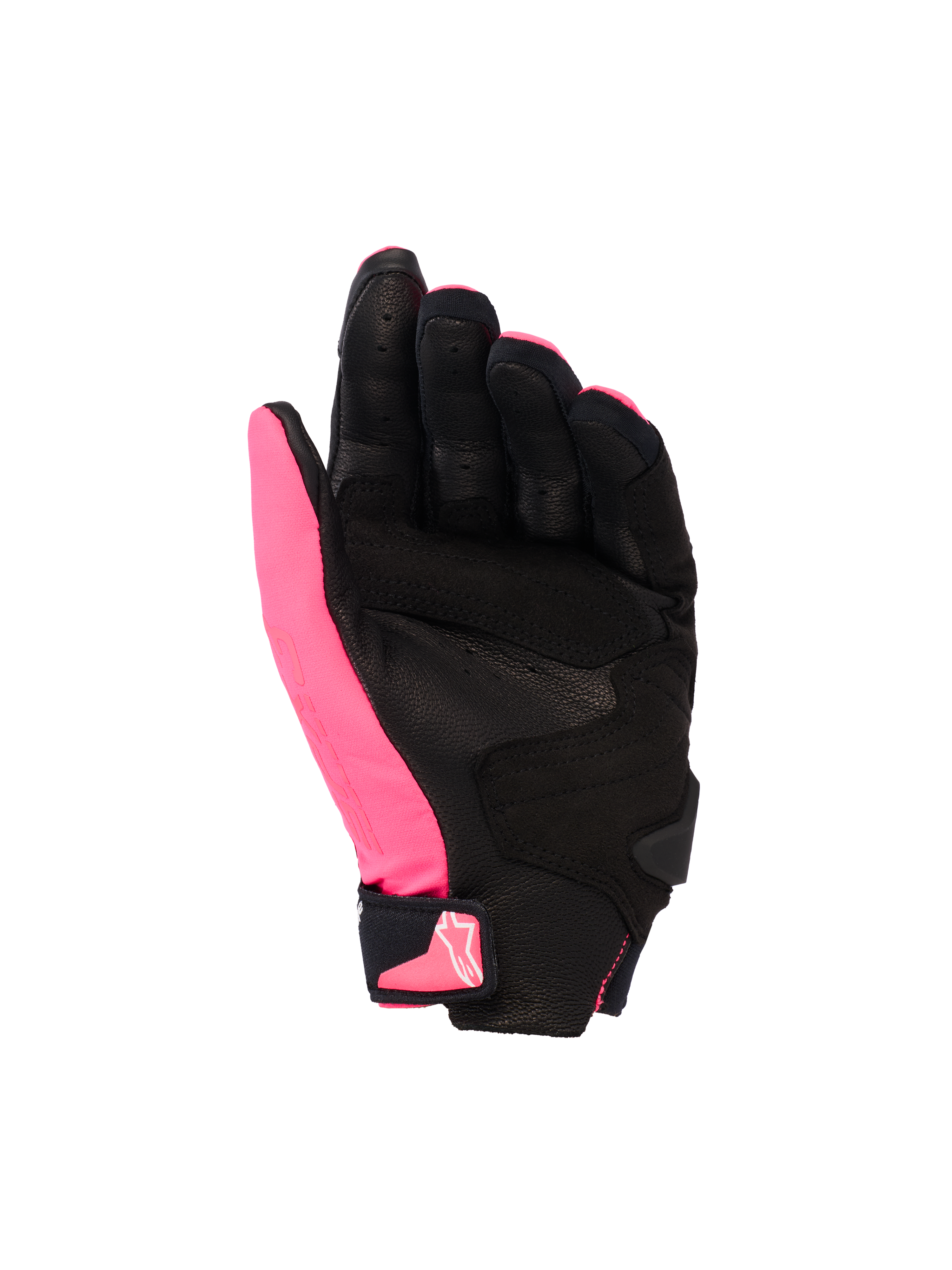 Alpinestars Stella SP X 3 Handschuhe, Damen-Motorradhandschuhe, Diva Pink, Schwarz und Weiß, Handflächenansicht mit perforiertem Leder und synthetischen Überzügen, schwarze Handfläche mit pinkfarbenem Daumen, Klettverschluss am Handgelenk mit pinkfarbenem Logo, ergonomisches Sportdesign