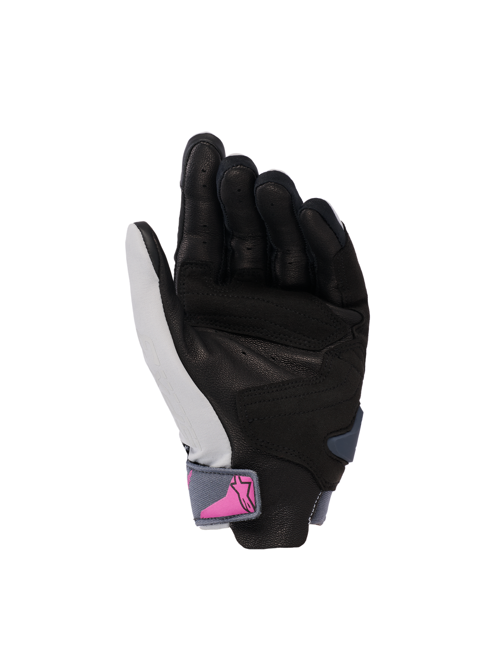 Alpinestars Stella SP X 3 Handschuhe, Damen-Motorradhandschuhe, Handflächenansicht, Mid Gray Asphalt Black mit rosa Logo auf dem Handgelenksriemen, perforierte Lederhandfläche für Griffigkeit und Belüftung, sportliches Design für Straßenfahrten