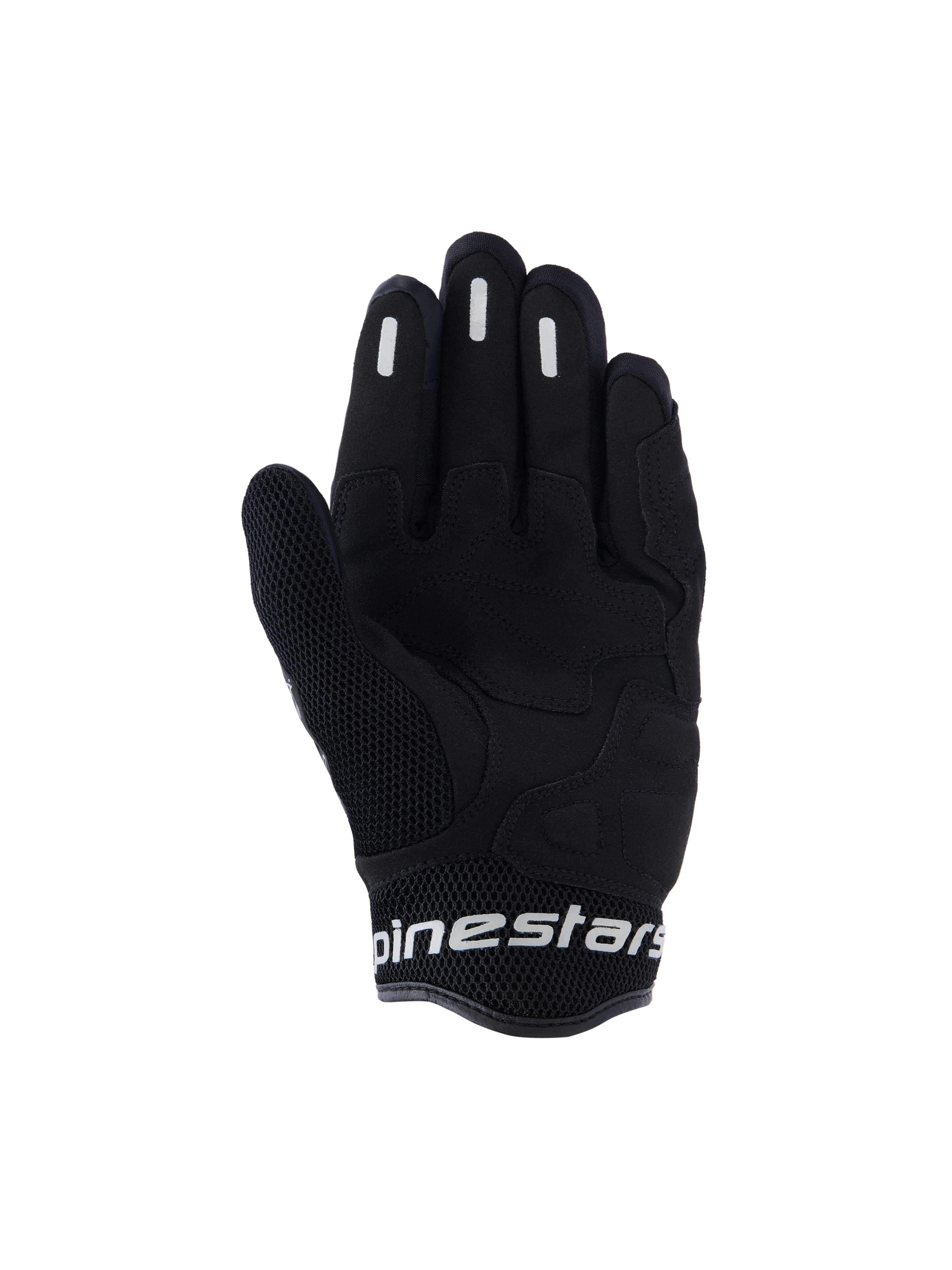 Alpinestars Stella Mogress Airflow Handschuhe, Urban-Motorradhandschuhe für Damen, Schwarz, Handflächenansicht mit synthetischer Handflächenverstärkung, atmungsaktives 3D-Mesh an Daumen und Bündchen, weißes Alpinestars-Branding am kurzen Bündchen