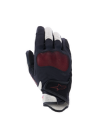 Alpinestars Stella Mogress Airflow Handschuhe, Damen-Motorradhandschuhe, Schwarz, Ecru und Fading Coral, Handrückenansicht mit 3D-Mesh-Einsätzen, Nucleon Plasma Knöchelschutz und Klettverschluss am Handgelenk.