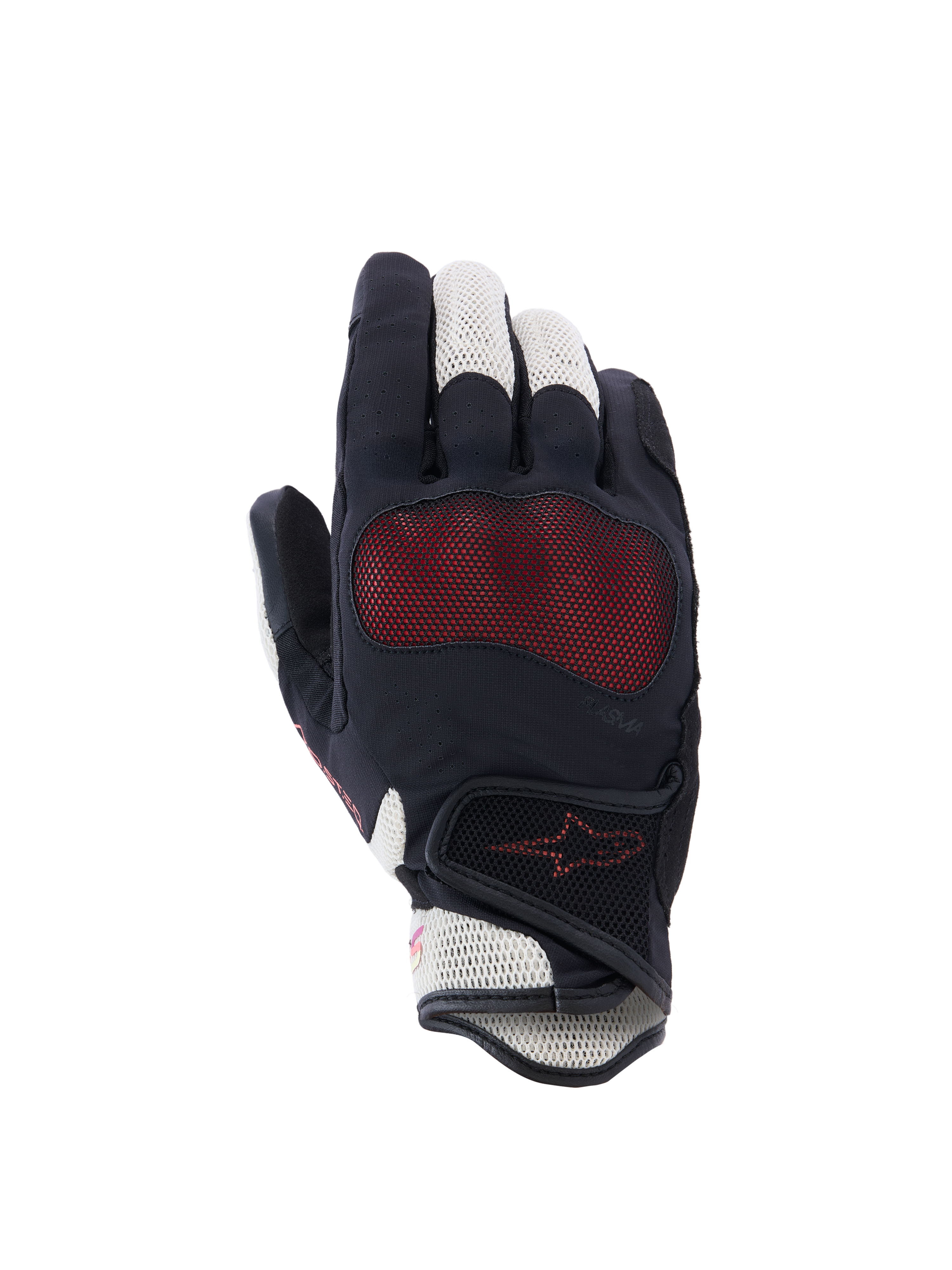 Alpinestars Stella Mogress Airflow Handschuhe, Damen-Motorradhandschuhe, Schwarz, Ecru und Fading Coral, Handrückenansicht mit 3D-Mesh-Einsätzen, Nucleon Plasma Knöchelschutz und Klettverschluss am Handgelenk.