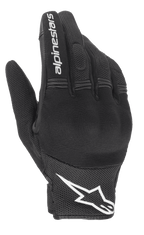 Alpinestars Stella Copper Women's Gloves, Black and White, backhand view featuring mesh construction with hard knuckle protection under spandex, white Alpinestars wordmark on the index finger and logo on the wrist, short cuff urban motorcycle gear.