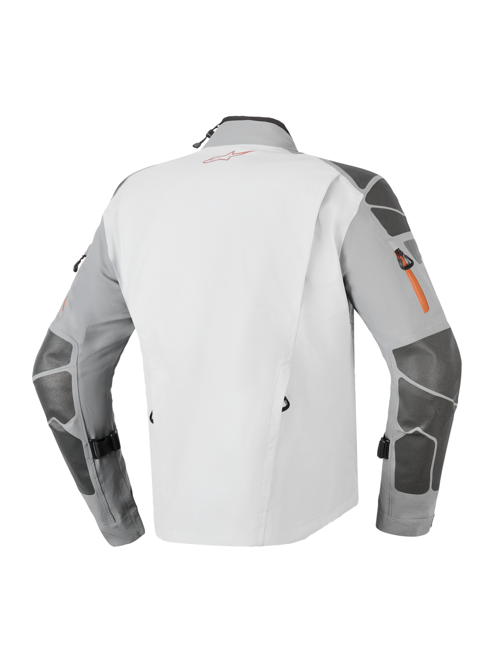 Alpinestars Nazca 3L GORE-TEX PRO Jacke, Adventure-Motorradjacke, Dunkelgrau und Mittelgrau, Rückansicht mit Superfabric®-Verstärkungen an Ärmeln und Schultern, orangefarbenen Reißverschluss-Details und technischer 3-lagiger laminierter Konstruktion.