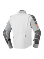 Alpinestars Nazca 3L GORE-TEX PRO Jacke, Adventure-Motorradjacke, Dunkelgrau und Mittelgrau, Rückansicht mit Superfabric®-Verstärkungen an Ärmeln und Schultern, orangefarbenen Reißverschluss-Details und technischer 3-lagiger laminierter Konstruktion.