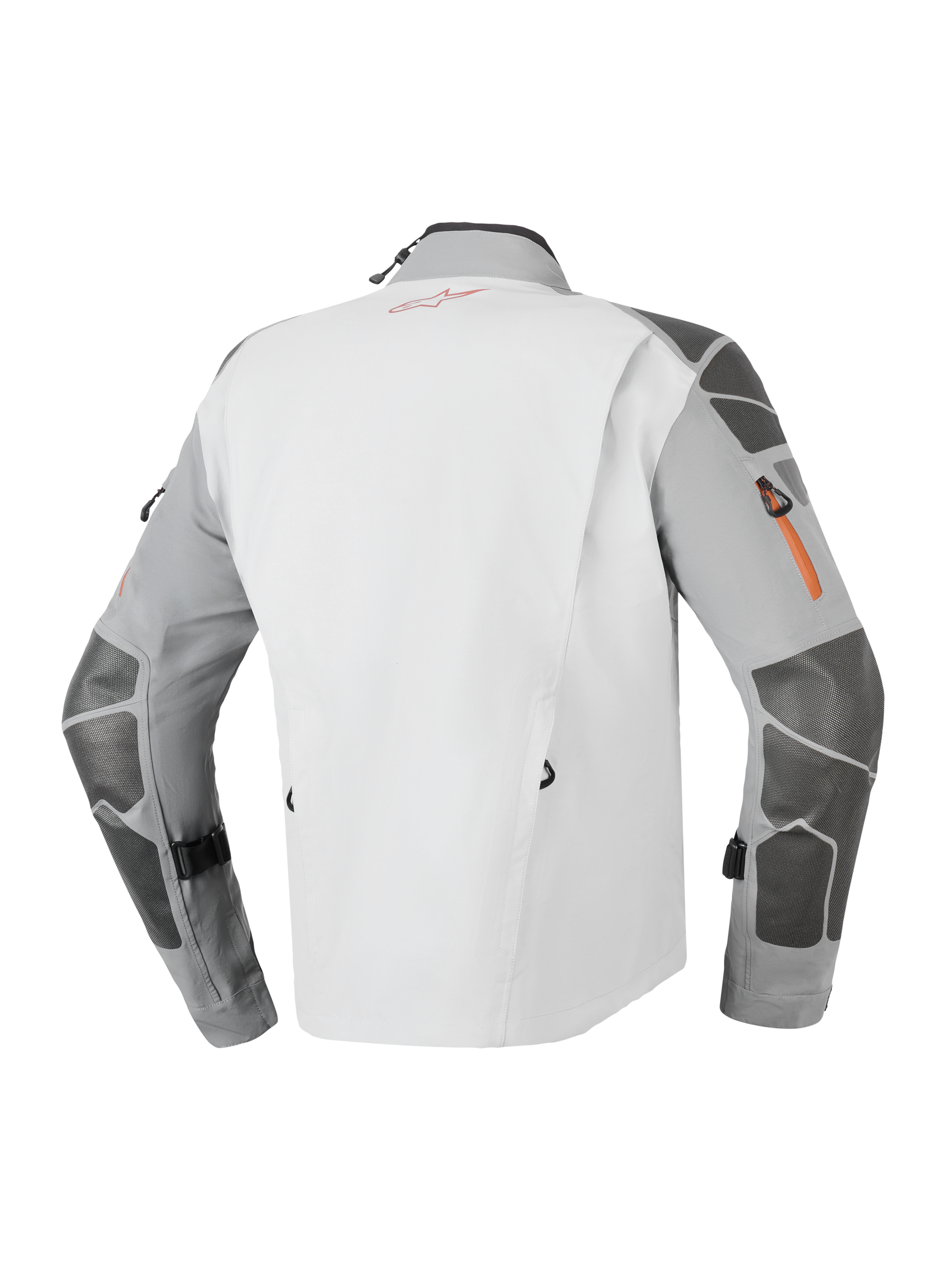 Alpinestars Nazca 3L GORE-TEX PRO Jacke, Adventure-Motorradjacke, Dunkelgrau und Mittelgrau, Rückansicht mit Superfabric®-Verstärkungen an Ärmeln und Schultern, orangefarbenen Reißverschluss-Details und technischer 3-lagiger laminierter Konstruktion.