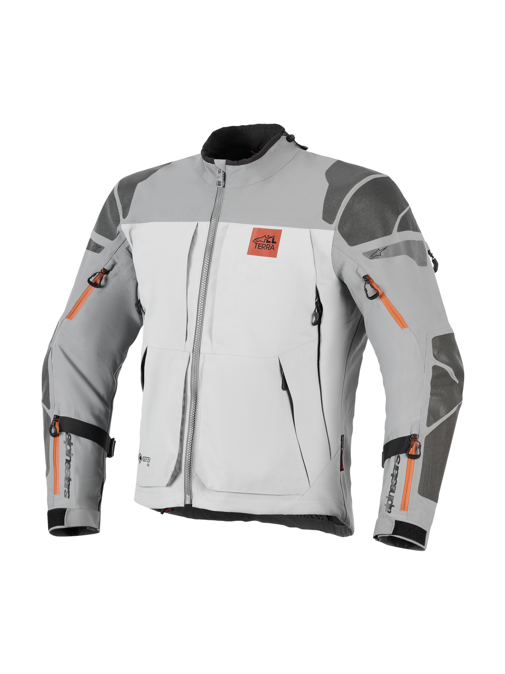 Alpinestars Nazca 3L GORE-TEX PRO Jacke, Adventure-Motorradjacke, Dunkelgrau und Mittelgrau mit orangefarbenen Reißverschluss-Akzenten, mit All Terra Logo auf der Brust, Superfabric®-Verstärkungen an Schultern und Ellbogen, mehrere Belüftungsöffnungen mit Reißverschluss, robustes Touring-Design