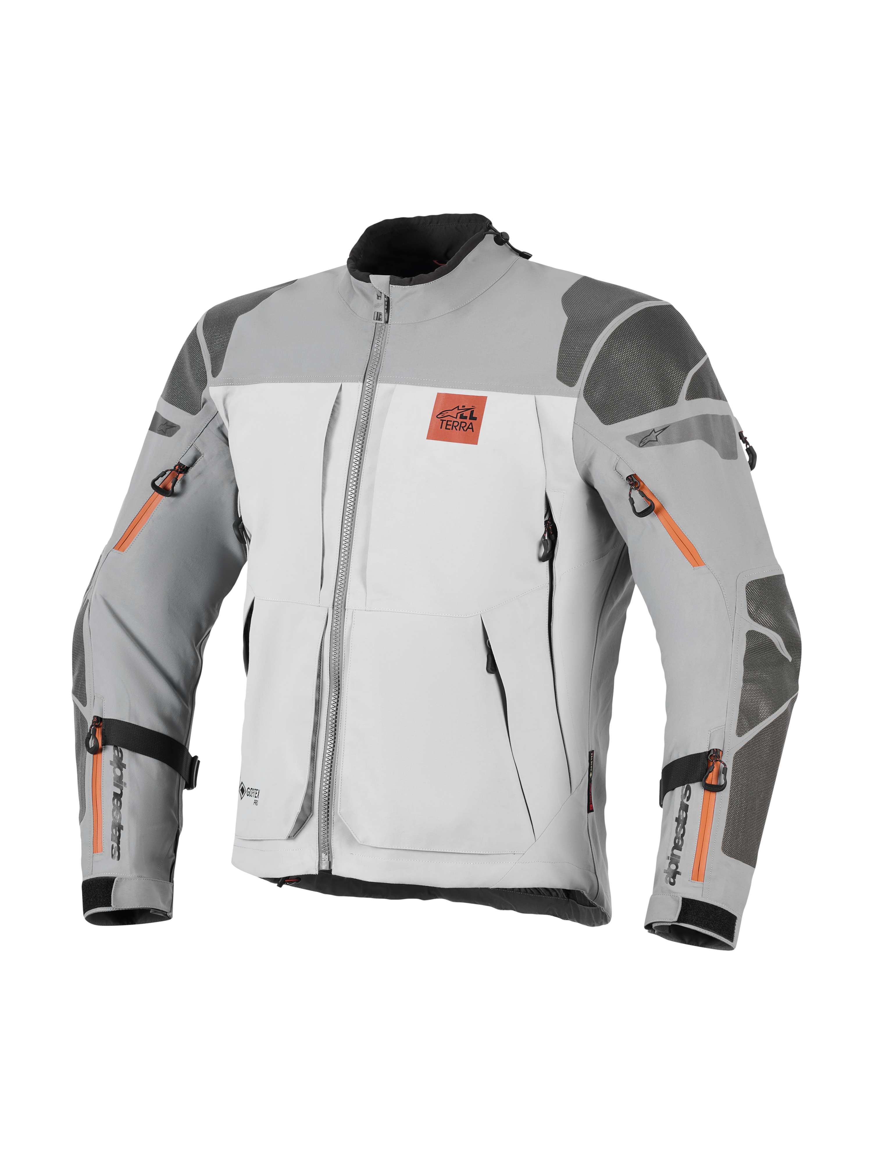 Alpinestars Nazca 3L GORE-TEX PRO Jacke, Adventure-Motorradjacke, Dunkelgrau und Mittelgrau mit orangefarbenen Reißverschluss-Akzenten, mit All Terra Logo auf der Brust, Superfabric®-Verstärkungen an Schultern und Ellbogen, mehrere Belüftungsöffnungen mit Reißverschluss, robustes Touring-Design