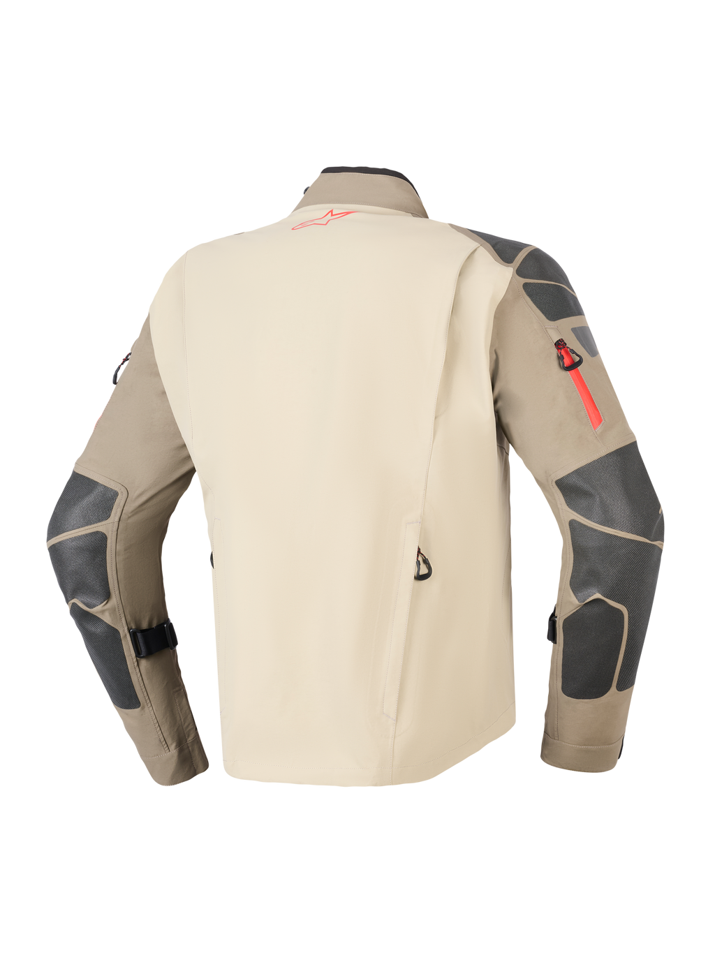 Alpinestars Nazca 3L GORE-TEX PRO Jacke, Walnut Rock Brown, Rückansicht mit beigem Rückenteil und braunen Ärmeln mit dunkelgrauen Verstärkungen an Schultern und Ellbogen, rote Reißverschluss- und Logo-Akzente, strapazierfähige Adventure-Motorrad-Tourenbekleidung