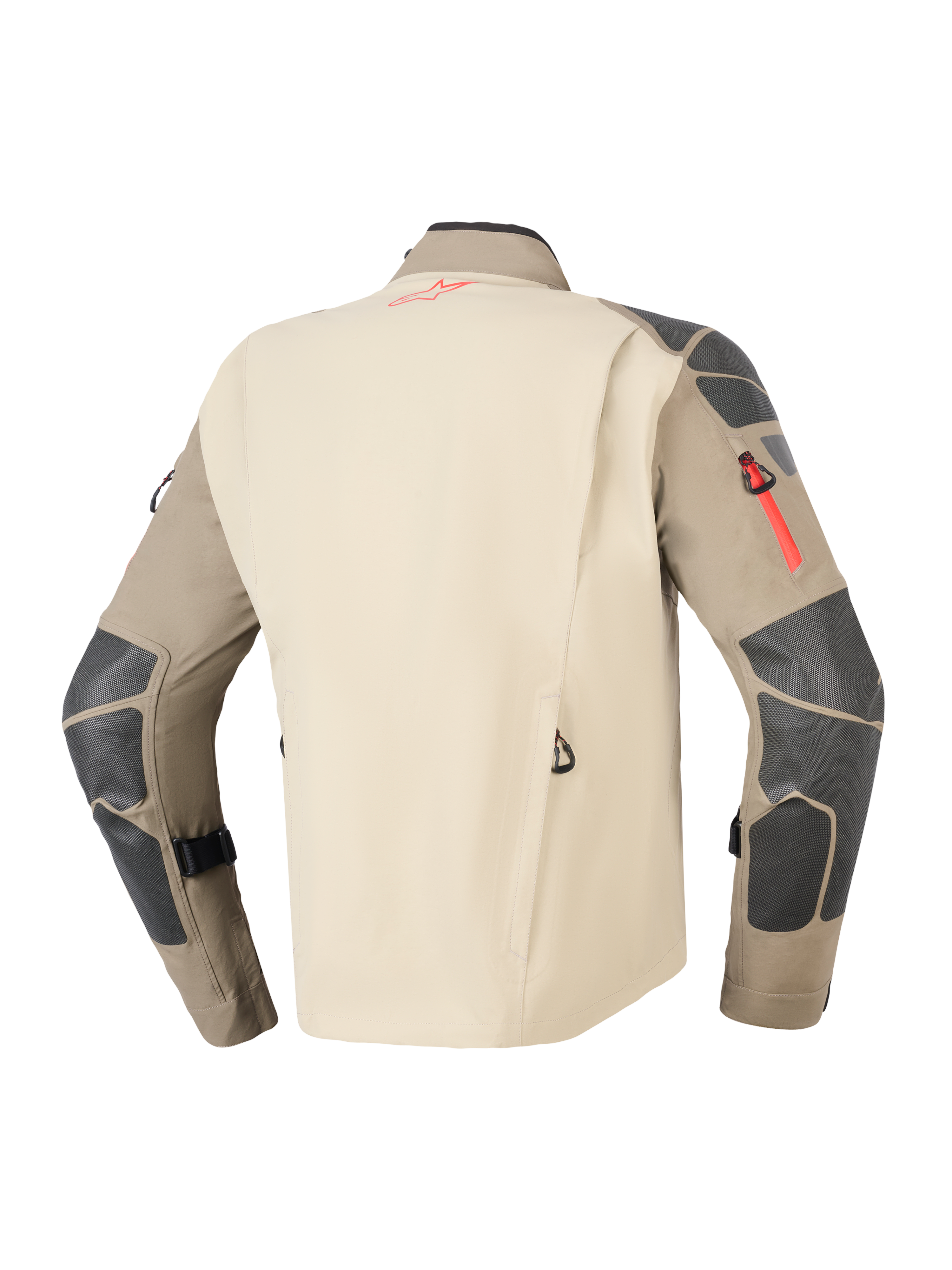 Alpinestars Nazca 3L GORE-TEX PRO Jacke, Walnut Rock Brown, Rückansicht mit beigem Rückenteil und braunen Ärmeln mit dunkelgrauen Verstärkungen an Schultern und Ellbogen, rote Reißverschluss- und Logo-Akzente, strapazierfähige Adventure-Motorrad-Tourenbekleidung