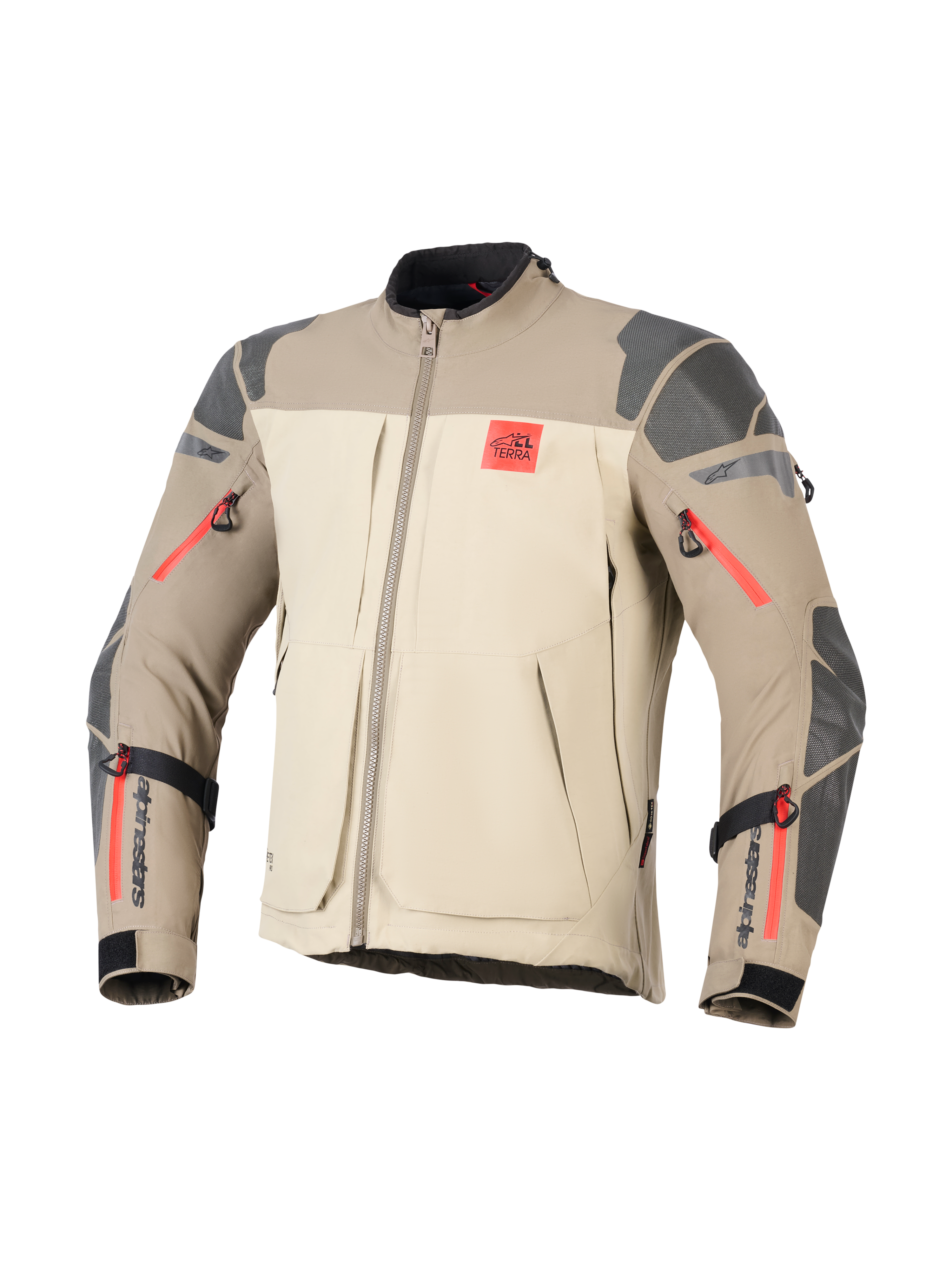 Alpinestars Nazca 3L GORE-TEX PRO Jacke, Walnut Rock Brown, Adventure-Motorradjacke, Color-Blocking in Beige und Hellbraun, graue strukturierte Verstärkungen an Schultern und Ellbogen, leuchtend rote Reißverschluss-Akzente, rotes „ALL TERRA“-Logo auf der Brust, schwarzes Alpinestars-Branding auf den Unterarmen, strapazierfähige Textilkonstruktion