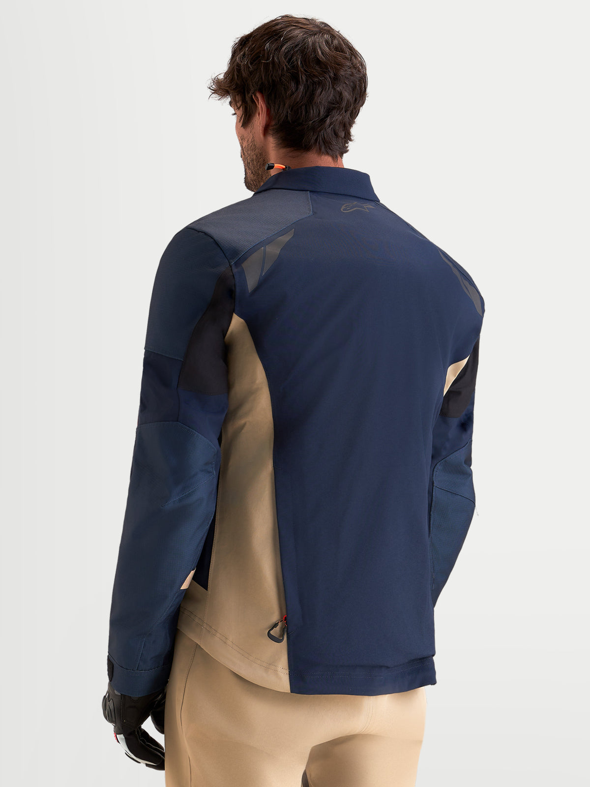 Alpinestars Arenis Gore-Tex Jacket, men's adventure touring motorcycle jacket in night navy and mood indigo, rear view showing waterproof textile construction and reflective details.