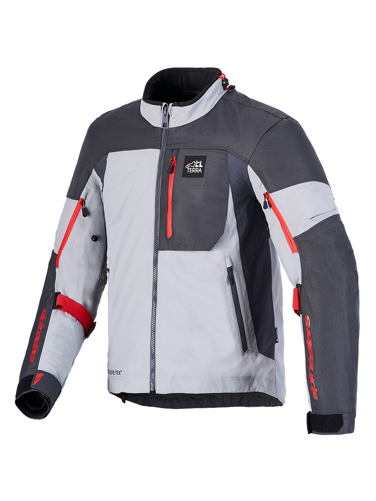 Alpinestars Arenis Gore-Tex Jacke, Adventure-Touring-Motorradjacke in Mittelgrau, Dunkelgrau und Schwarz mit roten Akzenten, CE-zertifiziert mit laminierter GORE-TEX-Konstruktion