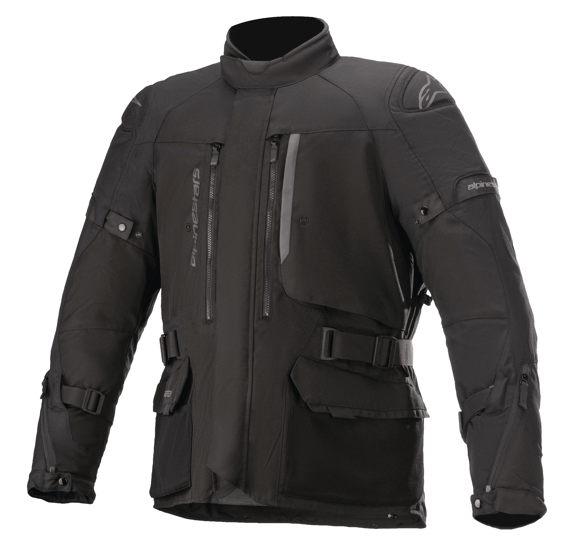 Alpinestars Ketchum GORE-TEX Jacke, schwarze Motorrad-Tourenjacke, hoher Kragen, mehrere Belüftungsöffnungen mit Reißverschluss, große Cargo-Taschen, verstellbare Riemen an Ärmeln und Taille, verstärkte Schulterpartien, robuste Textilkonstruktion für Adventure-Fahrten