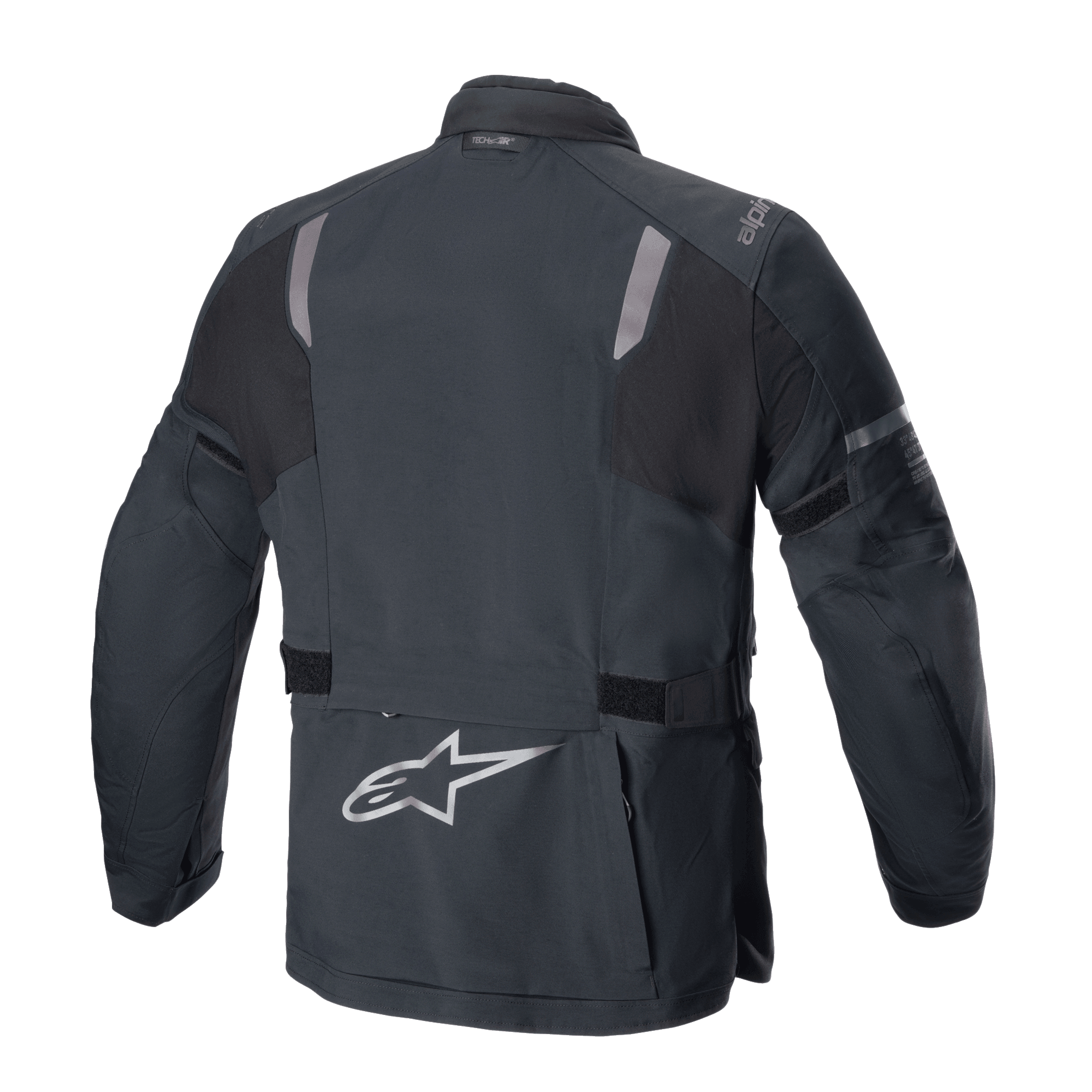 Alpinestars ST-7 2L GORE-TEX Jacke, Rückansicht, Schwarz und Dunkelgrau, mit reflektierenden Schultereinsätzen, silbernem Alpinestars-Sternlogo am unteren Rücken und verstellbaren Taillengurten, Adventure-Touring-Motorradausrüstung