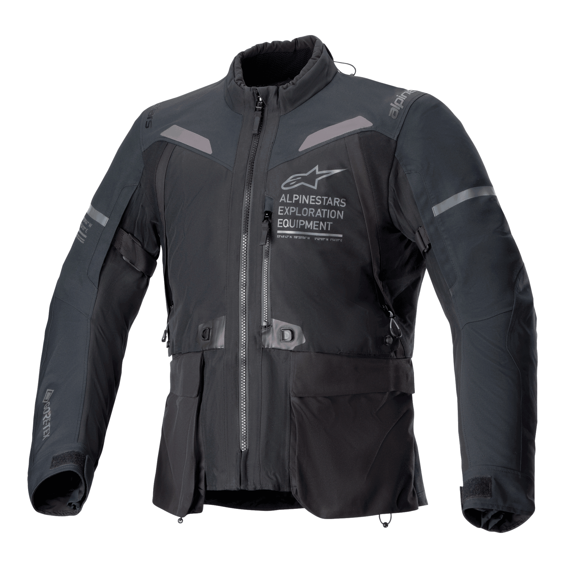 Alpinestars ST-7 2L GORE-TEX Jacke, Motorradjacke in Schwarz und Dunkelgrau, Vorderansicht mit großen Cargo-Taschen, reflektierenden Schulterakzenten und Alpinestars Exploration Equipment Logo auf der Brust, wasserdichte Adventure-Touring-Ausrüstung
