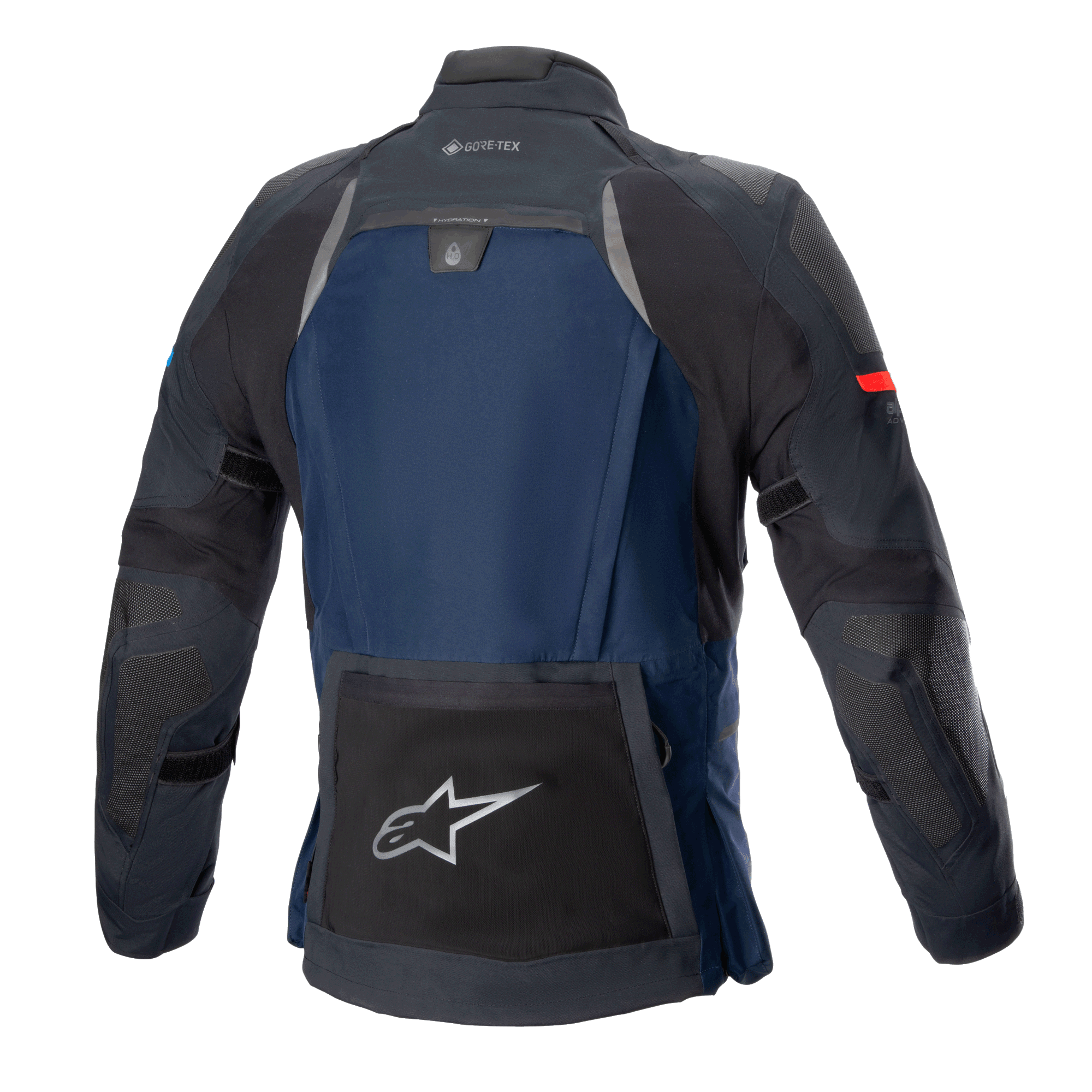 Alpinestars Boulder GORE-TEX Jacke, technische Touren-Motorradjacke, Dunkelblau und Schwarz, Rückansicht mit einer großen Rückentasche mit silbernem Stern-Logo, Trinksystem-Fach und GORE-TEX-Branding am Kragen.