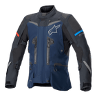 Alpinestars Boulder GORE-TEX Jacke, dunkelblaue und schwarze Adventure-Tourenjacke, wasserdichte Textilkonstruktion, weißes Stern-Logo auf der Brust, rote und hellblaue Akzente an den Ärmeln, mehrere Belüftungsreißverschlüsse und Verstellriemen, strapazierfähige technische Ausrüstung für Fahrten bei jedem Wetter
