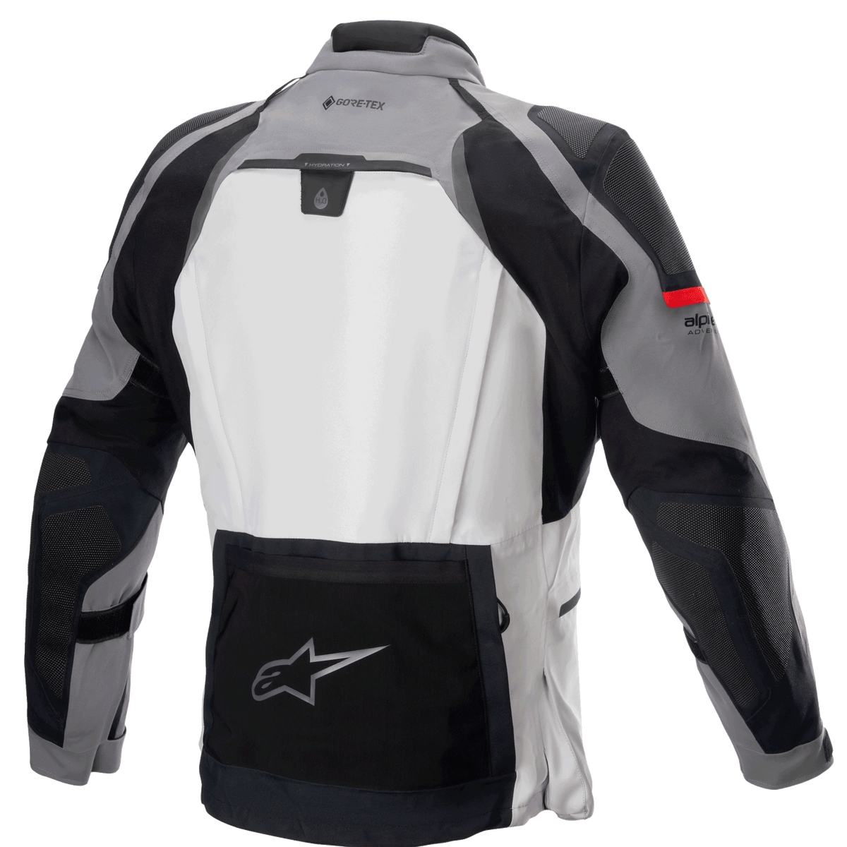 Alpinestars Boulder GORE-TEX Jacke, Rückansicht, Dunkelgrau und Eisgrau, technische Adventure-Touring-Motorradjacke mit großem hellgrauen Rückenteil, schwarzer unterer Utility-Tasche mit dem Alpinestars-Sternlogo, GORE-TEX Branding am oberen Rücken und strapazierfähiger Multi-Gewebe-Konstruktion.