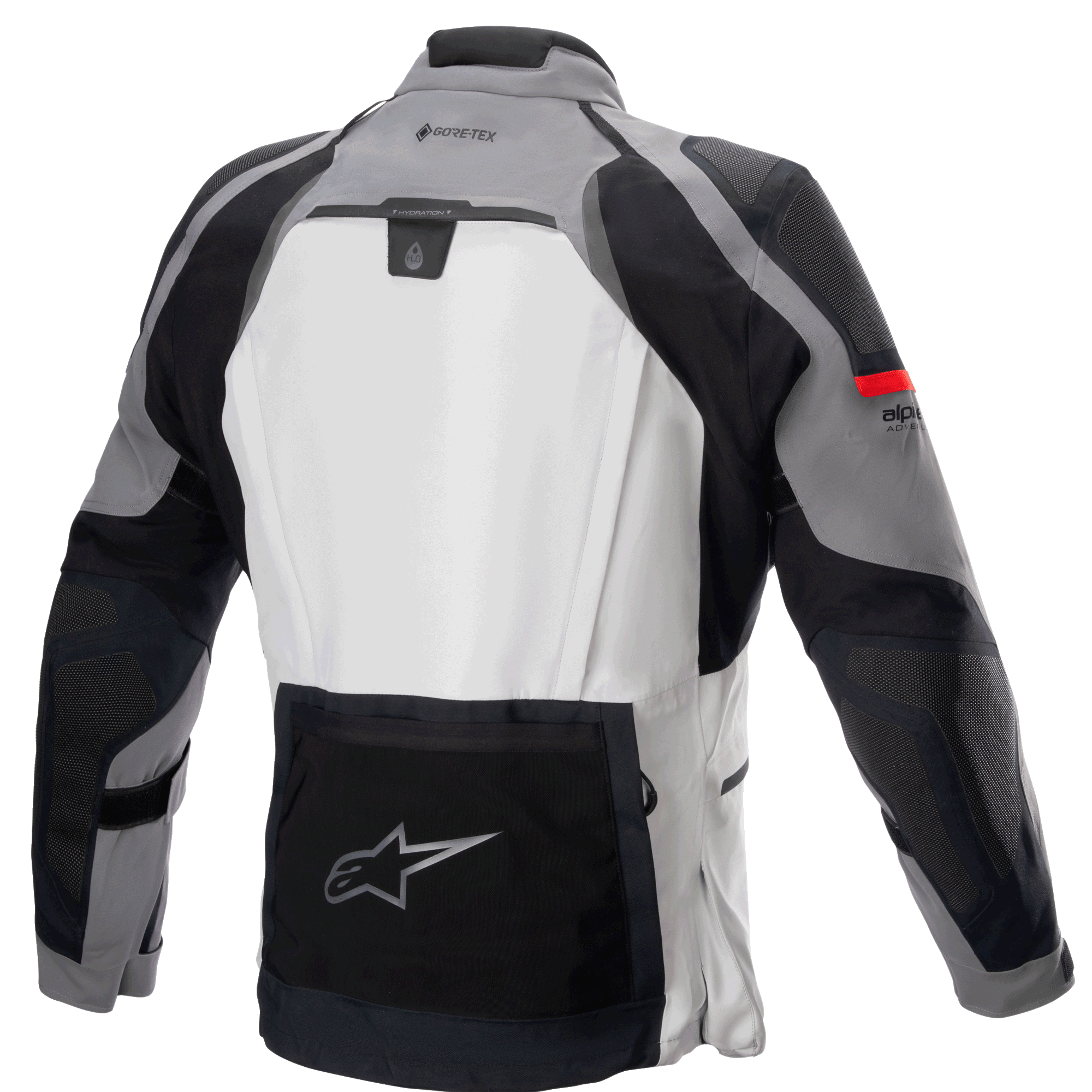 Alpinestars Boulder GORE-TEX Jacke, Rückansicht, Dunkelgrau und Eisgrau, technische Adventure-Touring-Motorradjacke mit großem hellgrauen Rückenteil, schwarzer unterer Utility-Tasche mit dem Alpinestars-Sternlogo, GORE-TEX Branding am oberen Rücken und strapazierfähiger Multi-Gewebe-Konstruktion.