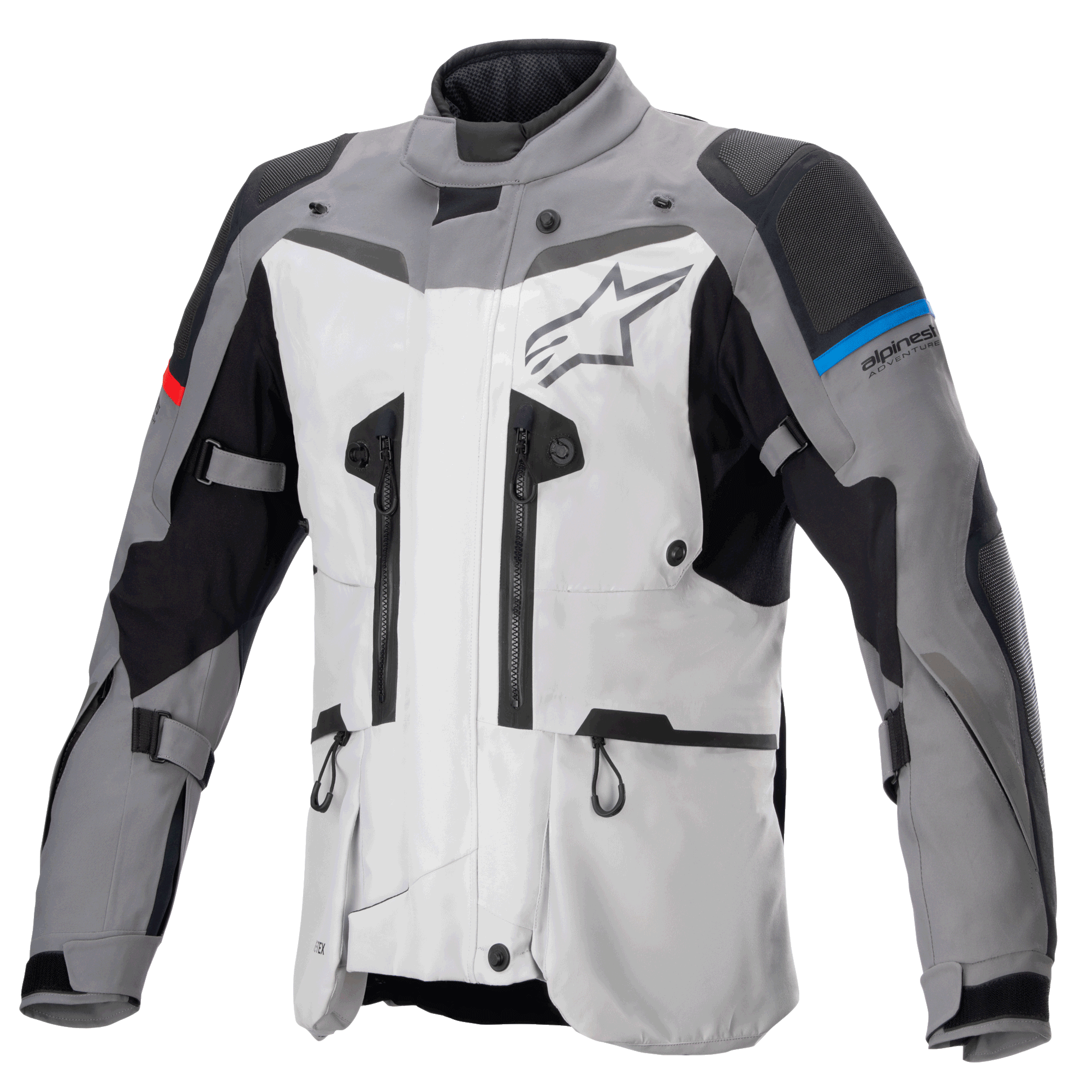 Alpinestars Boulder GORE-TEX Jacke, Adventure-Touren-Motorradjacke, Dunkelgrau und Eisgrau, mit mehreren Belüftungsreißverschlüssen, verstärkten Schulter- und Ellbogenpartien mit blauen und roten Akzenten, großem Alpinestars-Logo auf der Brust, leistungsstarke wasserdichte technische Ausrüstung