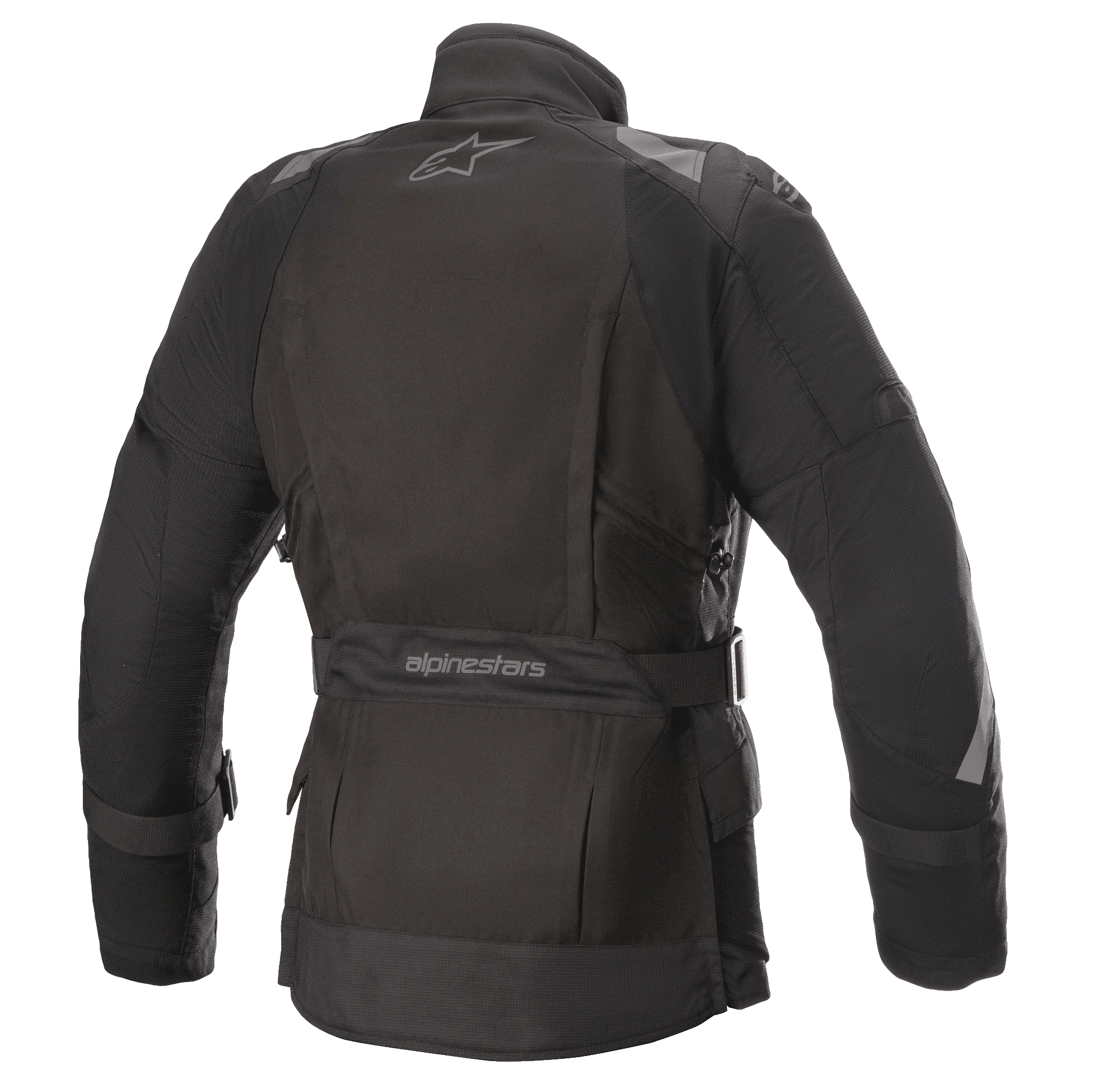 Alpinestars Stella Ketchum GORE-TEX Damenjacke, Textil-Motorradjacke, Schwarz, Rückansicht mit Alpinestars-Logo, verstellbarem Taillengurt mit Markenschriftzug sowie reflektierenden Schulter- und Ärmelpanels für bessere Sichtbarkeit.