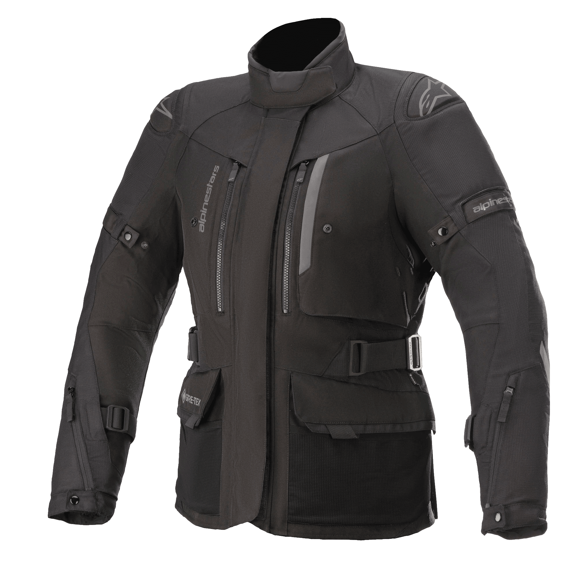 Alpinestars Stella Ketchum GORE-TEX Damenjacke, schwarze Motorrad-Tourenjacke, wasserdichte und atmungsaktive Textilkonstruktion, hoher Kragen mit Brust-Belüftungsöffnungen mit Reißverschluss, verstellbare Taillen- und Armriemen, strapazierfähiges Gewebe mit verstärktem Schulterschutz