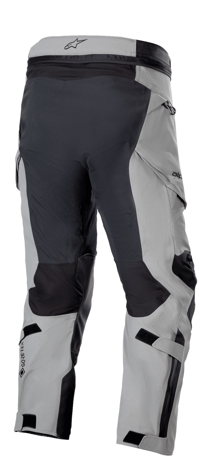 Alpinestars Boulder 3L GORE-TEX Hose, Kurze Länge, Dunkelgrau und Schwarz, Rückansicht mit Fokus auf verstärkte Einsätze, GORE-TEX Logo, Verstellriemen und ergonomisches Design aus dem Motocross-Bereich