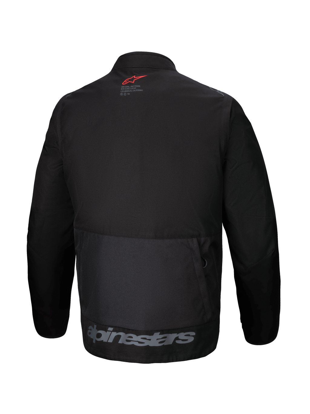 Alpinestars Pro-Dura Jacket, back view, black textile enduro jacket, large rear cargo pocket, red star logo on the neck, gray Alpinestars branding on the lower hem, rugged off-road design
