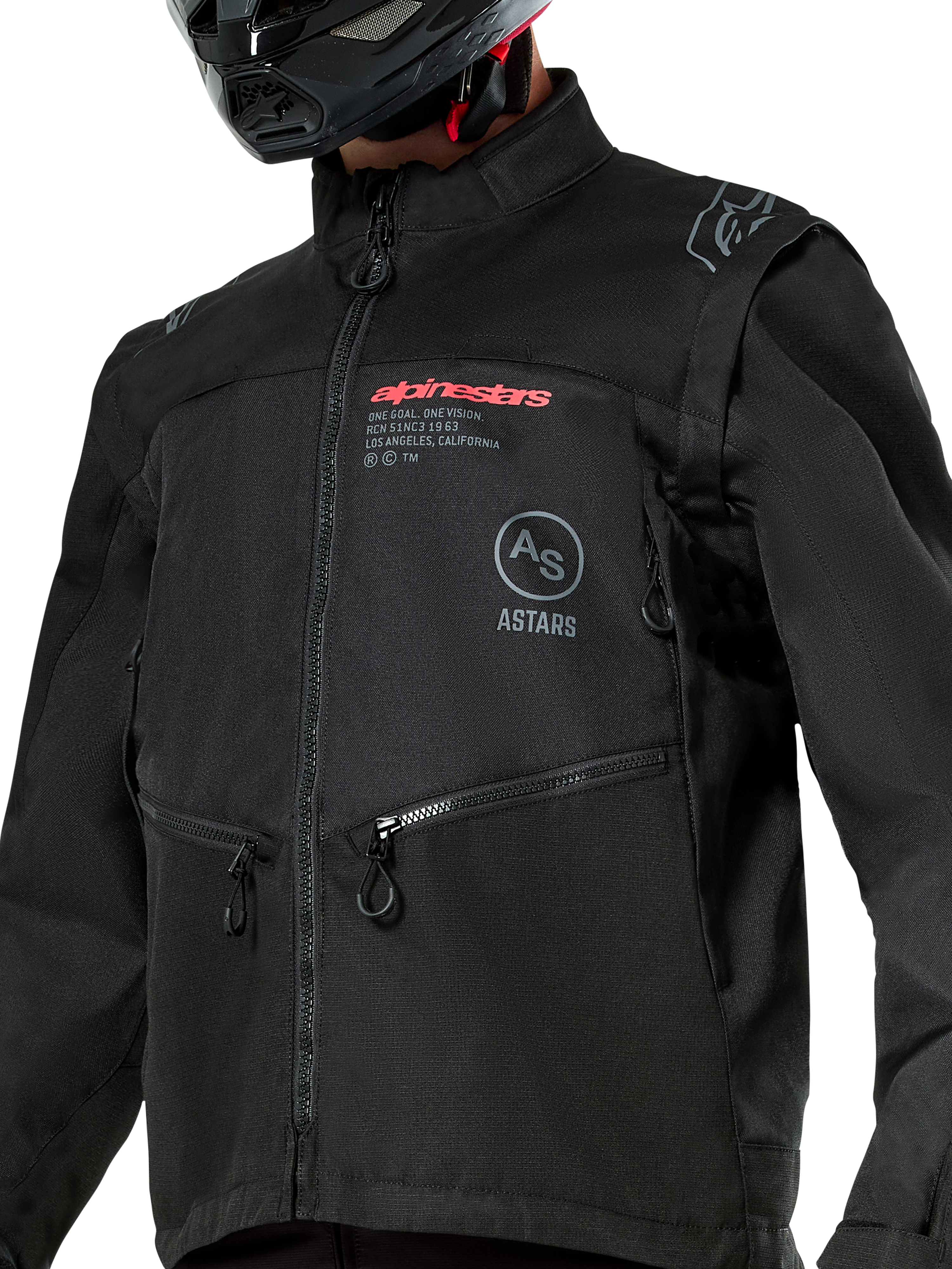 Alpinestars Pro-Dura Jacket, Black off-road motorcycle jacket featuring red Alpinestars branding and a gray circular Astars logo on the chest, zippered hand pockets, and durable ripstop textile construction, rally-inspired design for enduro riding.
