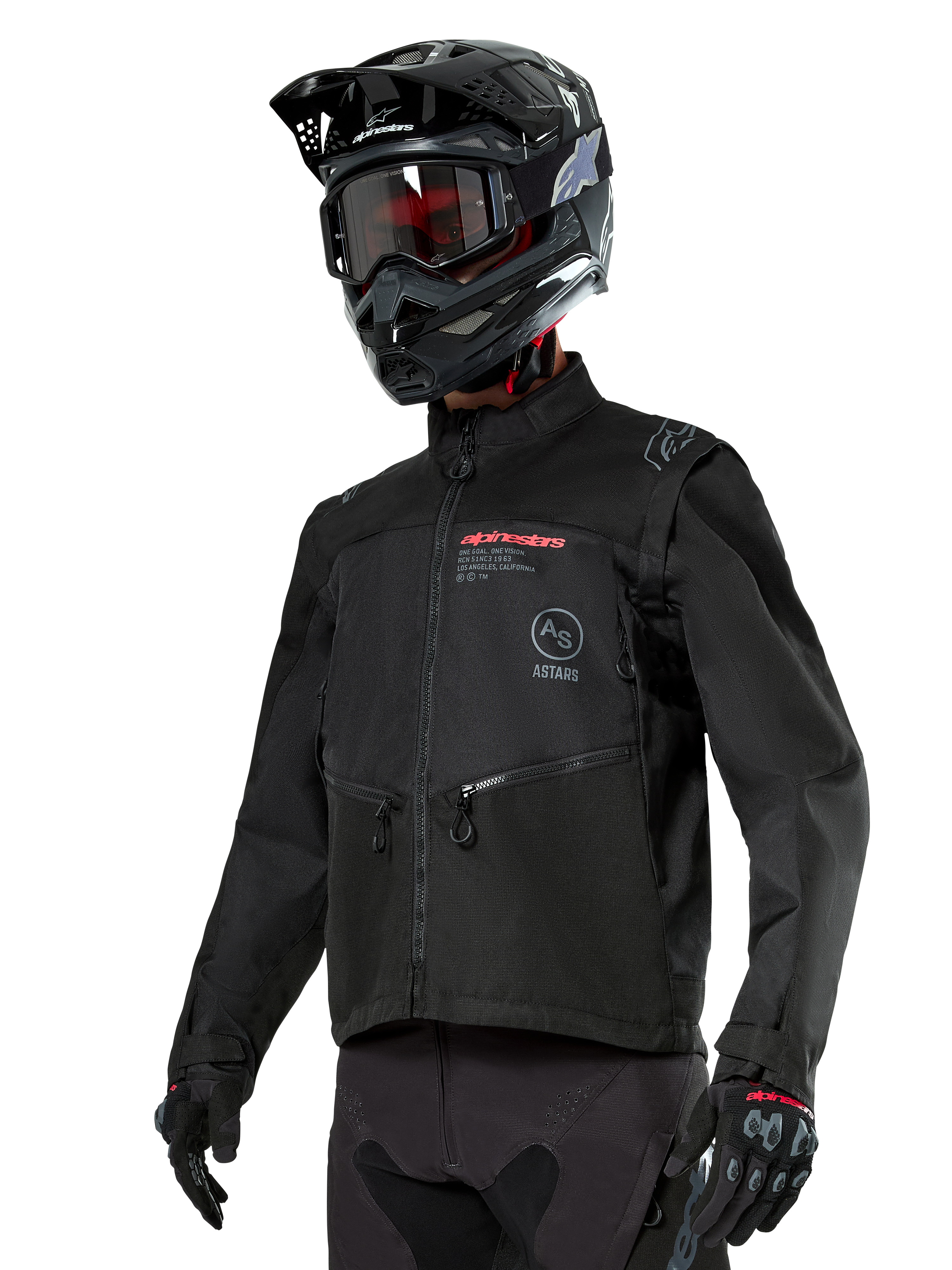 Alpinestars Pro-Dura Jacket, Off-Road Motorcycle Jacket, Black with red and grey branding, features zippered front pockets and high collar, worn with a black motocross helmet and gloves for enduro racing