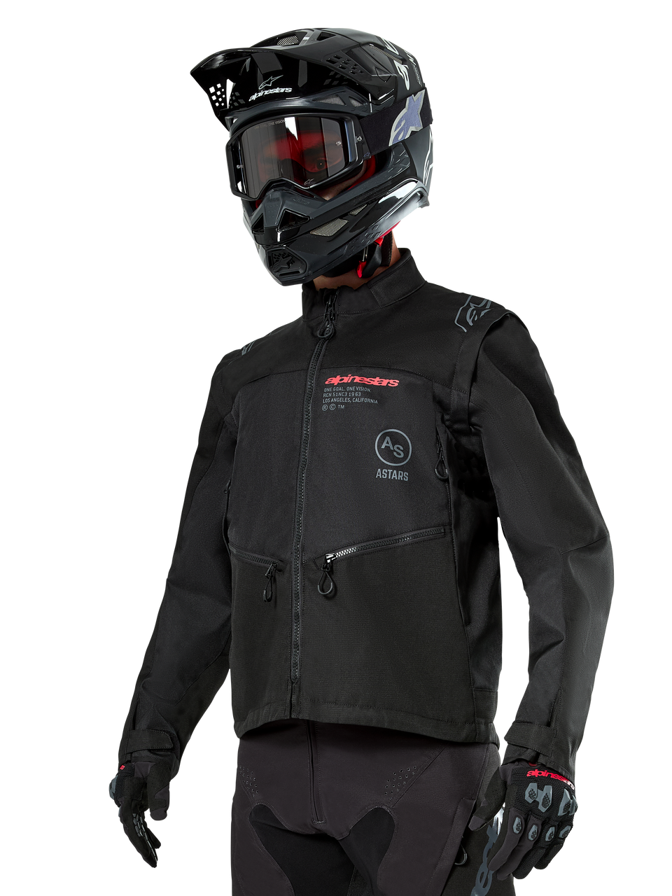 Alpinestars Pro-Dura Jacket, Motorcycle Riding Jacket, Black with Red and White Logos, Zippered Pockets, High Collar, Worn with Matching Gloves and Helmet