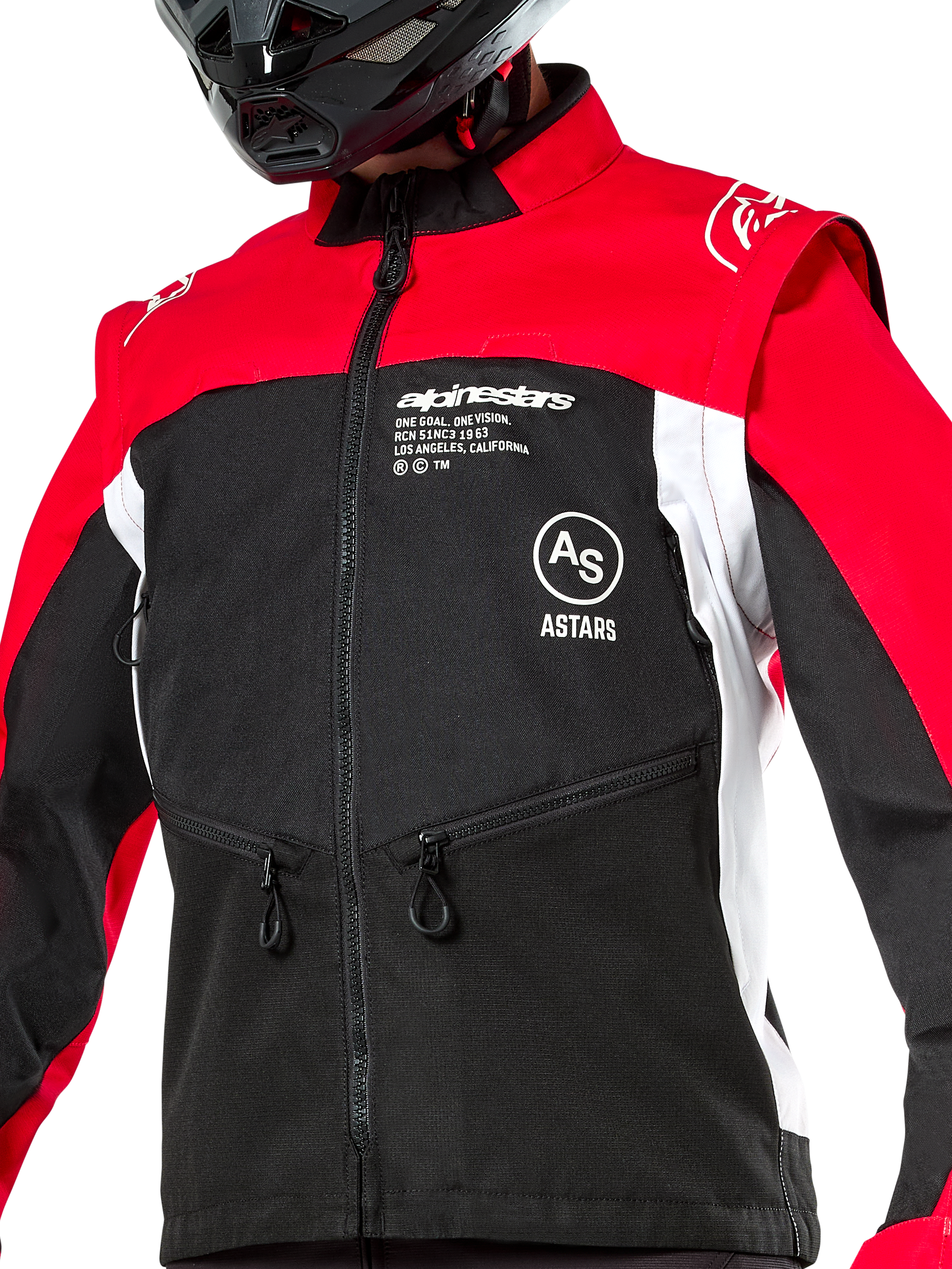 Alpinestars Pro-Dura Jacket, Off-Road Motorcycle Jacket, Black Bright Red and White, worn with a black helmet, featuring zippered pockets and bold branding on the chest, durable textile construction for enduro and trail riding