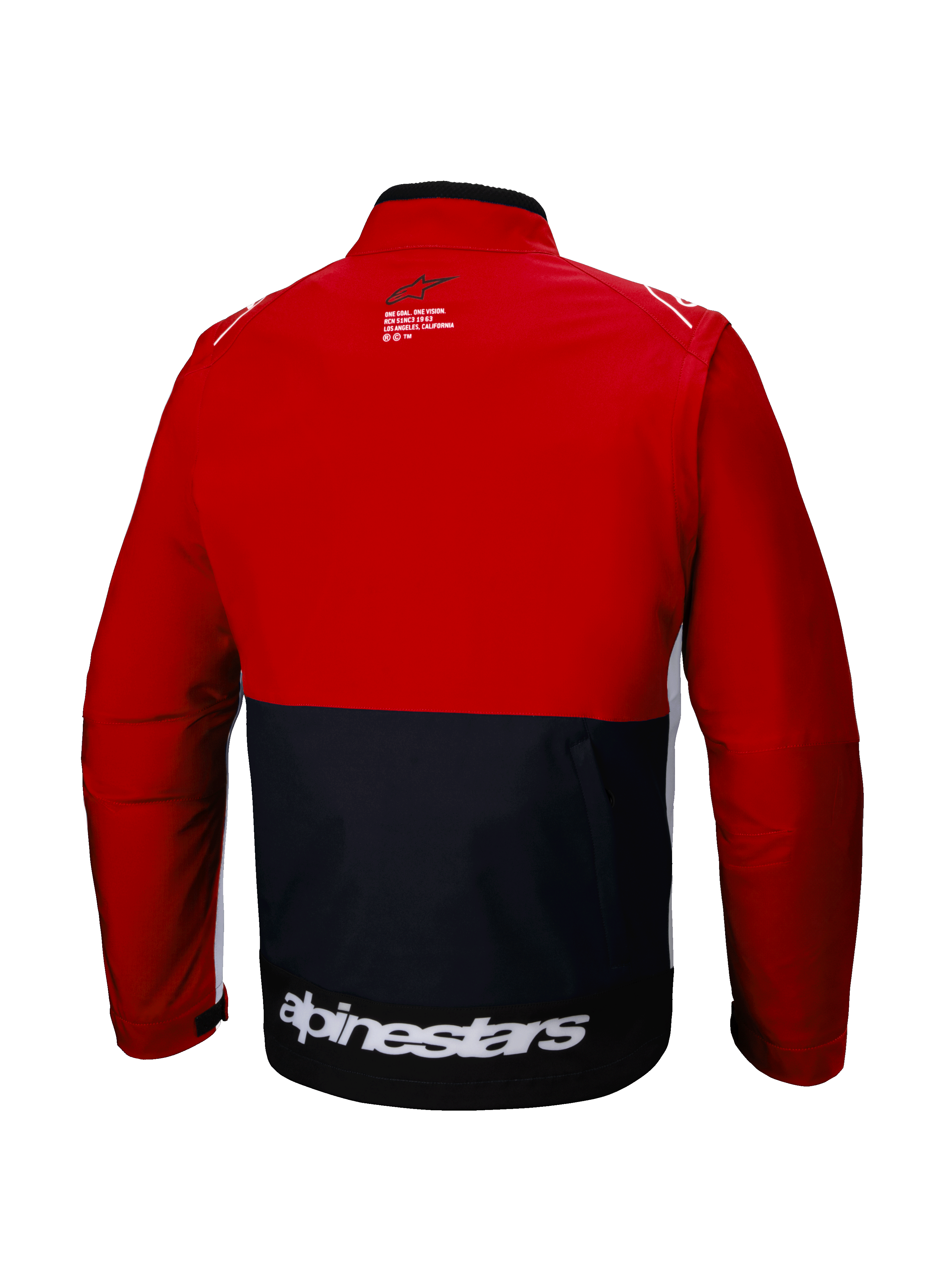 Alpinestars Lite-Dura Softshell Jacket, Back View, Off-Road Enduro Jacket, Black and Bright Red with White accents, bold white Alpinestars wordmark across the lower back, color-blocked design, functional rear storage pocket, modular softshell for motocross and trail riding.