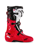 Alpinestars Tech 10 Enduro Boots, Motocross Off-Road Boots, Bright Red Black and White, side profile view, triple buckle closure system, robust protective panels, specialized enduro grip sole, Astars logo branding
