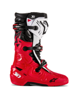 Alpinestars Tech 10 Enduro Boots, Motocross Off-Road Boots, Bright Red Black and White, side profile view, triple buckle closure system, robust protective panels, specialized enduro grip sole, Astars logo branding
