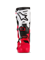 Alpinestars Tech 10 Enduro Boots, Motocross and Enduro Boots, Bright Red Black and White, front-facing view featuring a white shin plate with a black Alpinestars logo, red lower chassis, and secure buckle closure system, high-performance protective gear for off-road riding