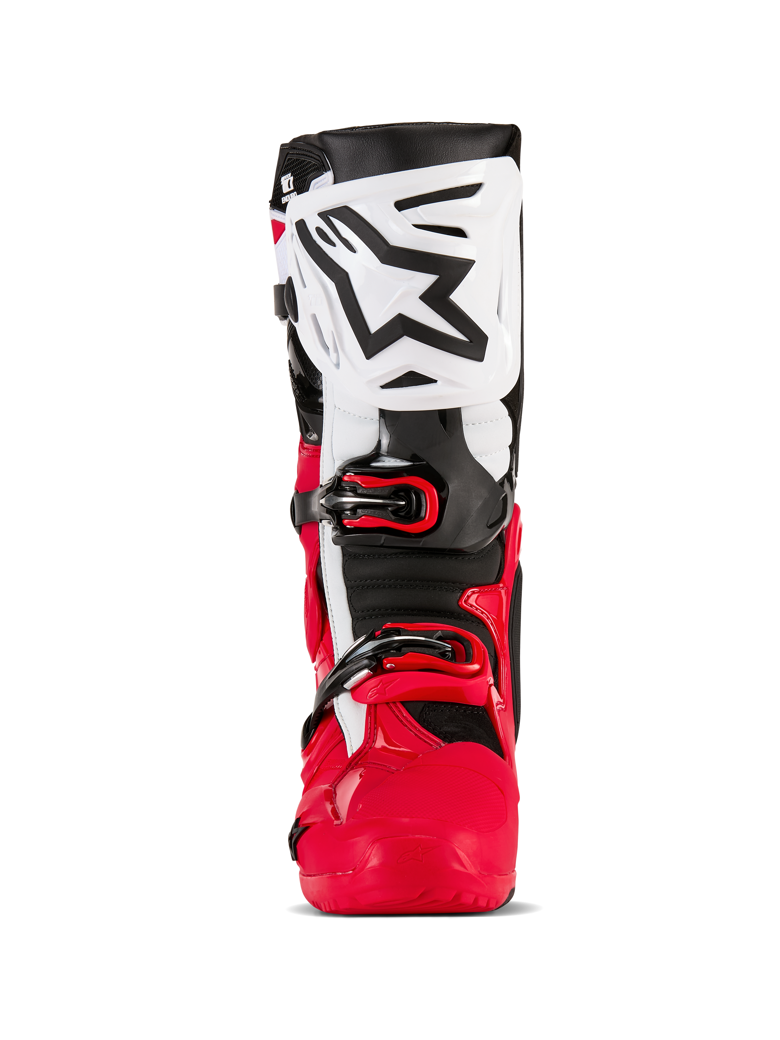 Alpinestars Tech 10 Enduro Boots, Motocross and Enduro Boots, Bright Red Black and White, front-facing view featuring a white shin plate with a black Alpinestars logo, red lower chassis, and secure buckle closure system, high-performance protective gear for off-road riding