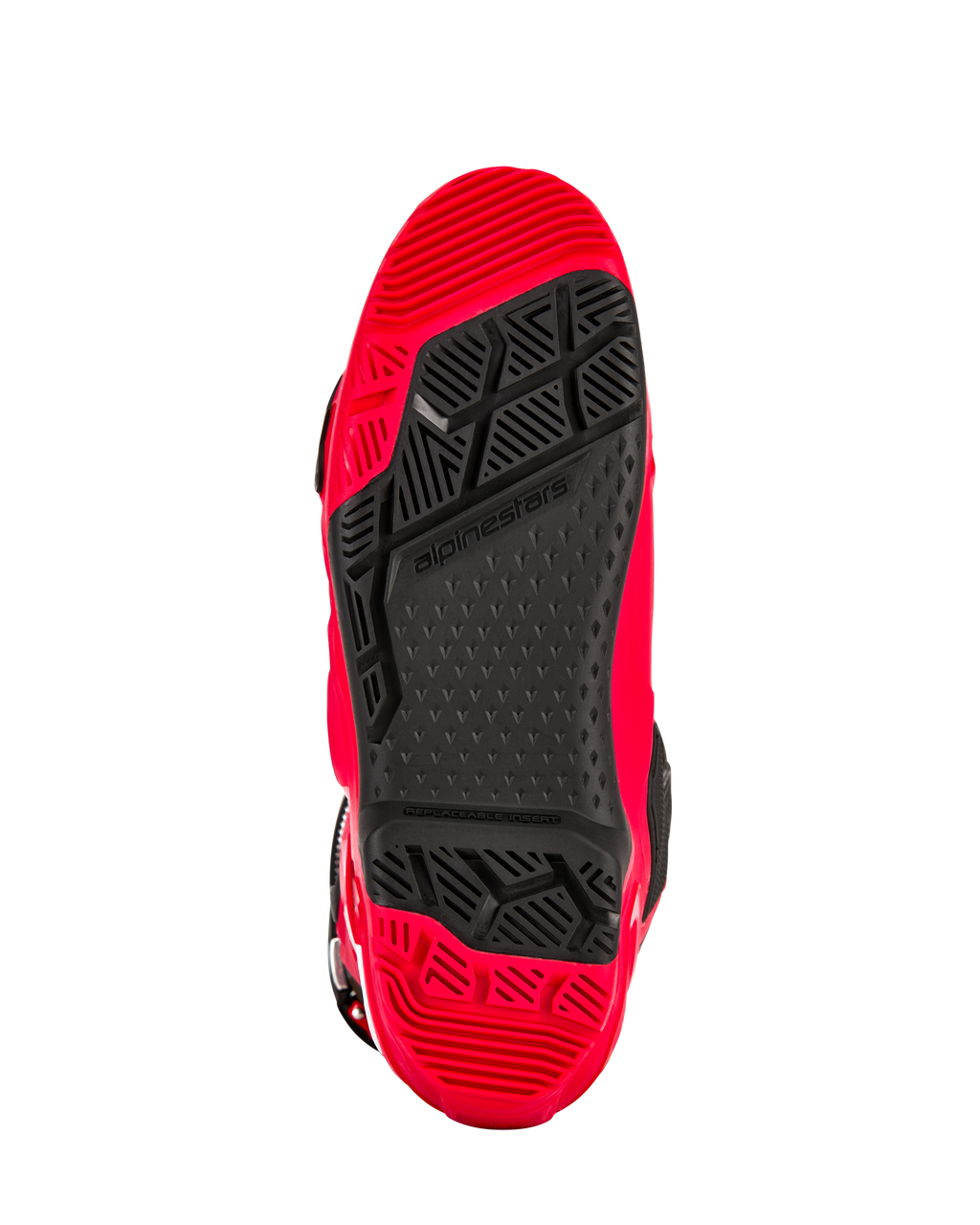 Alpinestars Tech 10 Enduro Boots, Bright Red and Black, bottom view of the enduro-spec dual compound sole, featuring a high-grip tread pattern and a black replaceable center insert.