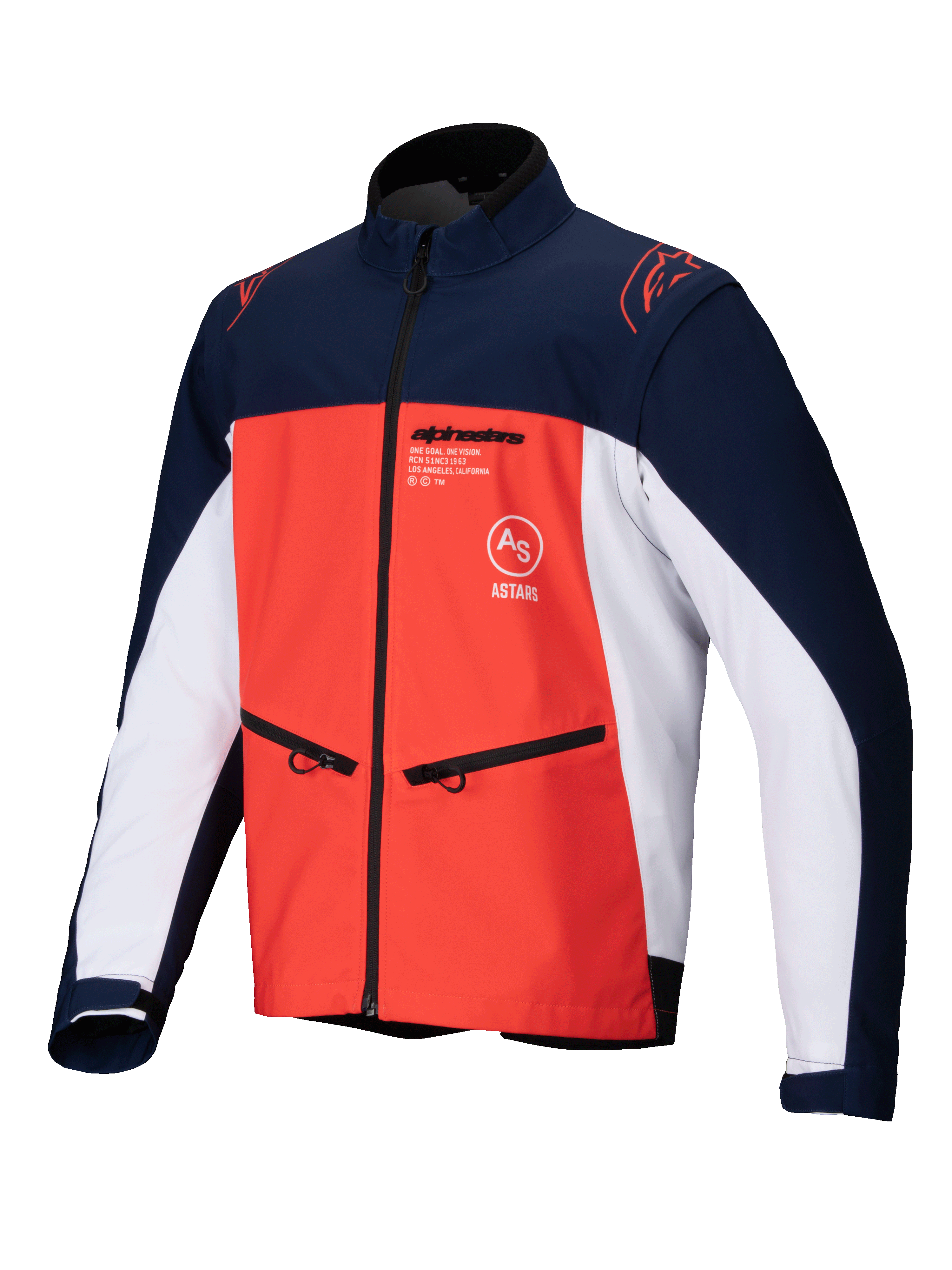 Alpinestars Lite-Dura Softshell Jacket, Navy Hot Orange and White, front view of a technical off-road jacket featuring zippered hand pockets, chest logos, and durable stretch material for enduro riding.