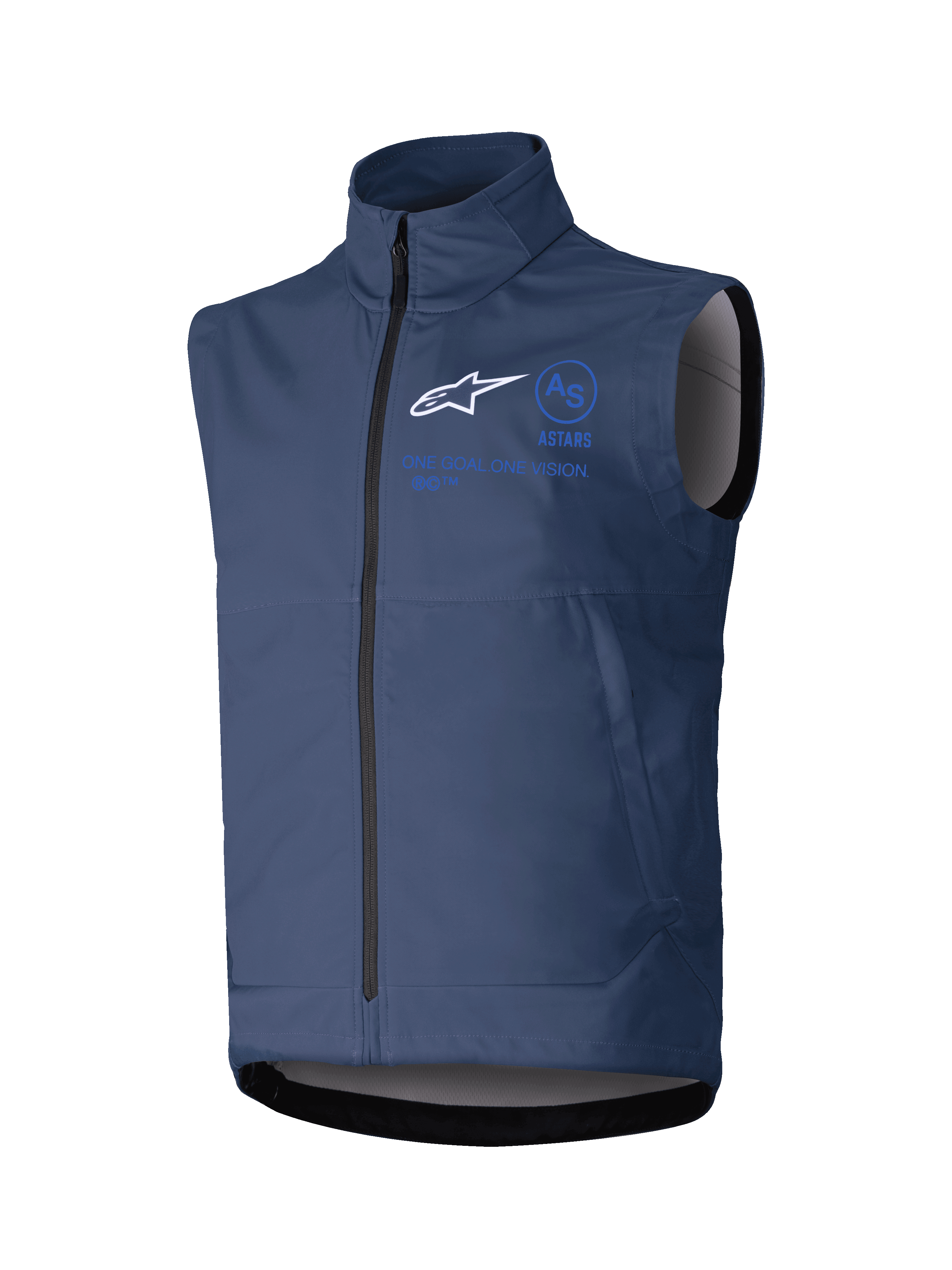 Alpinestars Techstar Softshell Vest, Navy Blue, Sleeveless Motorcycle Jacket, High Collar with Front Zipper, White ASTARS Logo and Blue Branding, Technical Softshell Fabric for Off-Road Riding