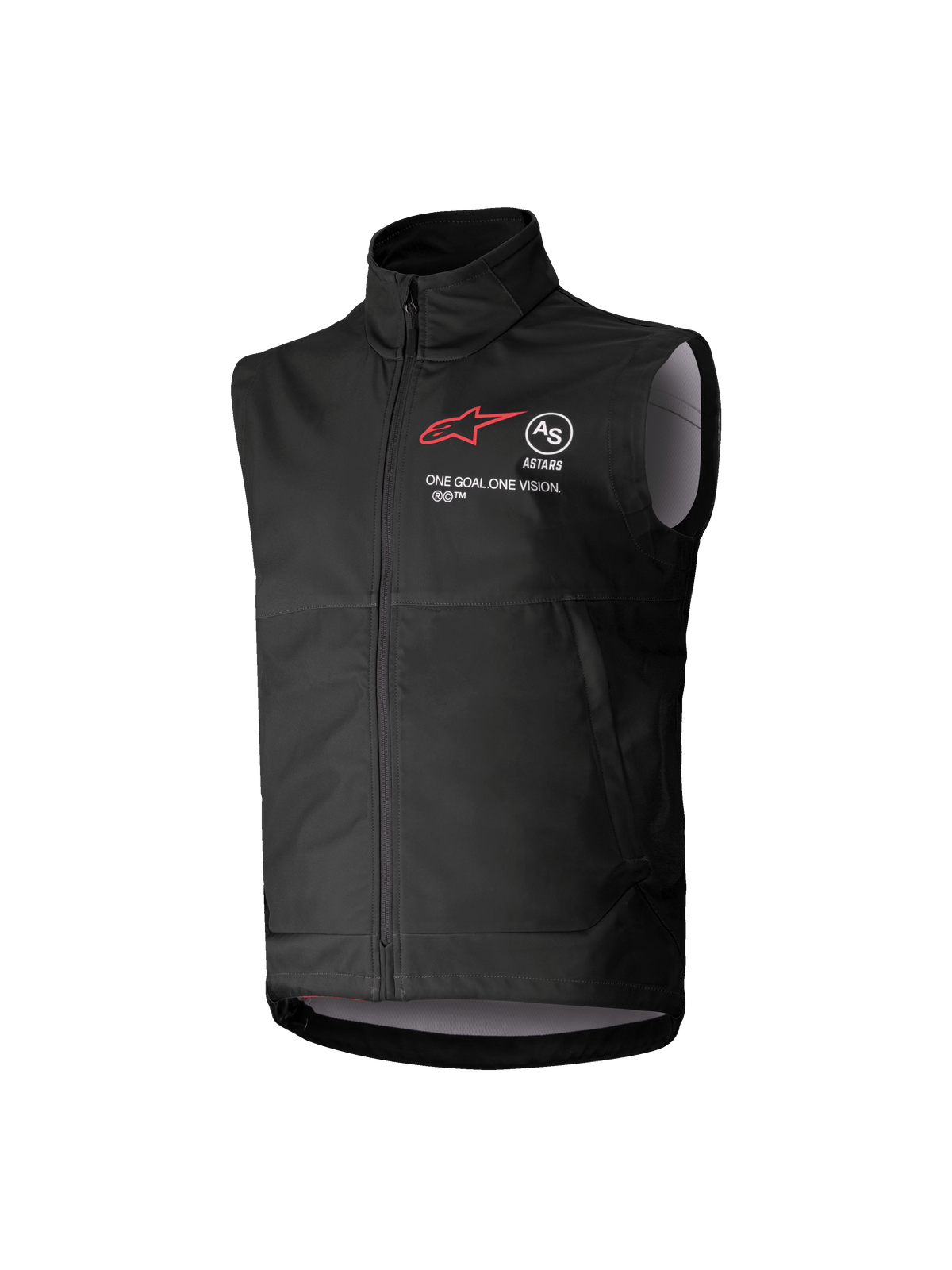 Alpinestars Youth Techstar Softshell Vest, Black, Sleeveless Motocross Vest with Red Star Logo, High Collar, Front Zipper, "ONE GOAL. ONE VISION." Branding, Light Gray Interior Lining, Youth Motorsports Apparel
