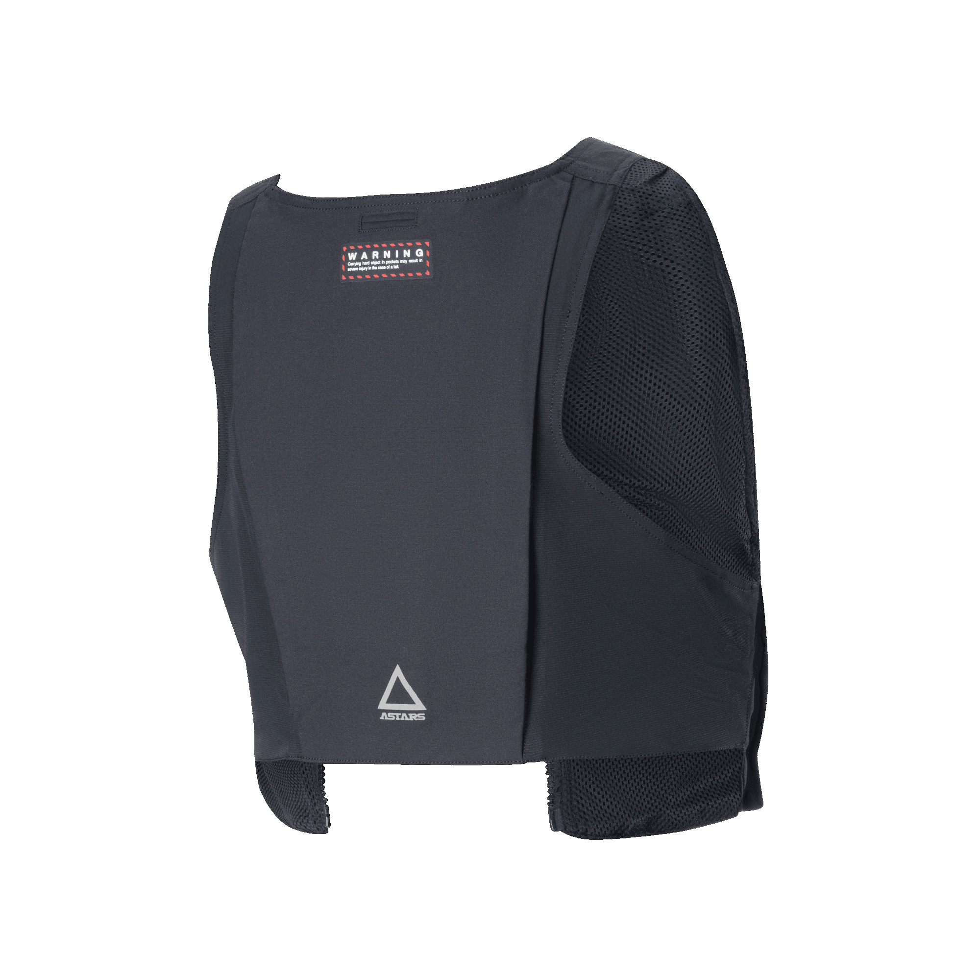 Alpinestars Techdura Tactical Vest, rear view, black durable textile with mesh side panels, featuring a red warning label and silver Astars triangle logo on the lower back, modular storage pack for enduro riding