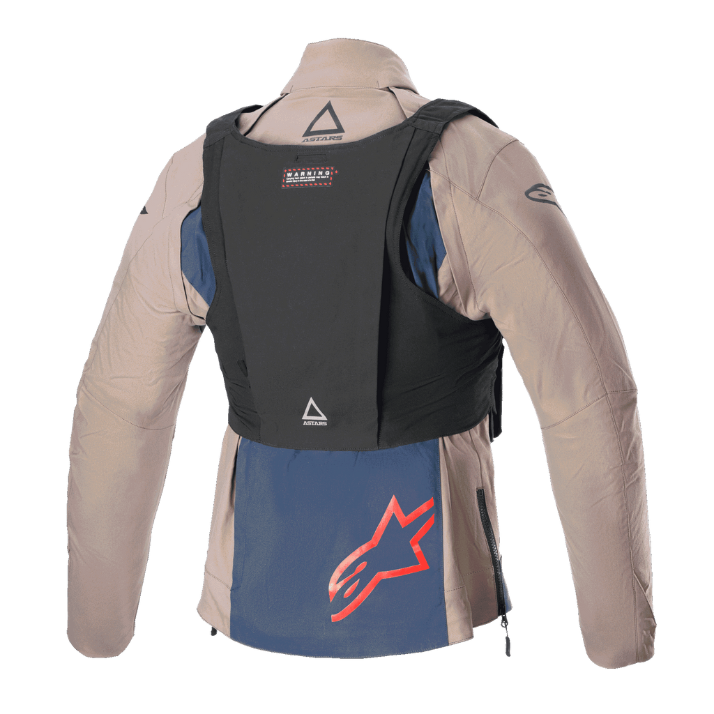 Alpinestars Techdura Jacket, Falcon Brown and Night Navy, back view with black tactical vest, featuring a red Alpinestars logo on the navy blue lower panel, rugged textile construction for enduro and off-road riding