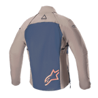 Alpinestars Techdura Jacket, Rear View, Falcon Brown and Night Navy, featuring a navy blue back panel with a large orange star logo, brown textile sleeves and shoulders, durable stretch polyamide construction for enduro and off-road riding