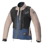 Alpinestars Techdura Jacket, Falcon Brown and Night Navy, featuring a detachable black tactical pack vest with multiple zippered pockets, rugged stretch polyamide construction, star logo on the chest and sleeves, designed for enduro and off-road riding.