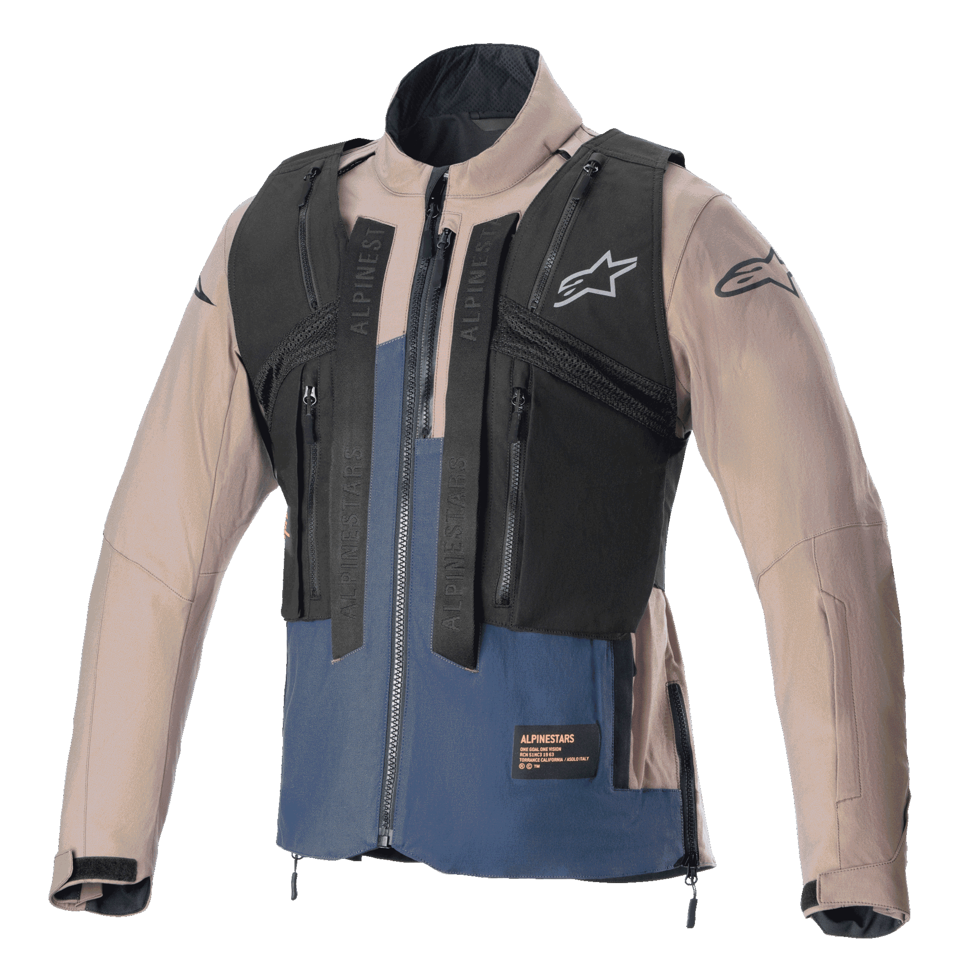 Alpinestars Techdura Jacket, Falcon Brown and Night Navy, featuring a detachable black tactical pack vest with multiple zippered pockets, rugged stretch polyamide construction, star logo on the chest and sleeves, designed for enduro and off-road riding.