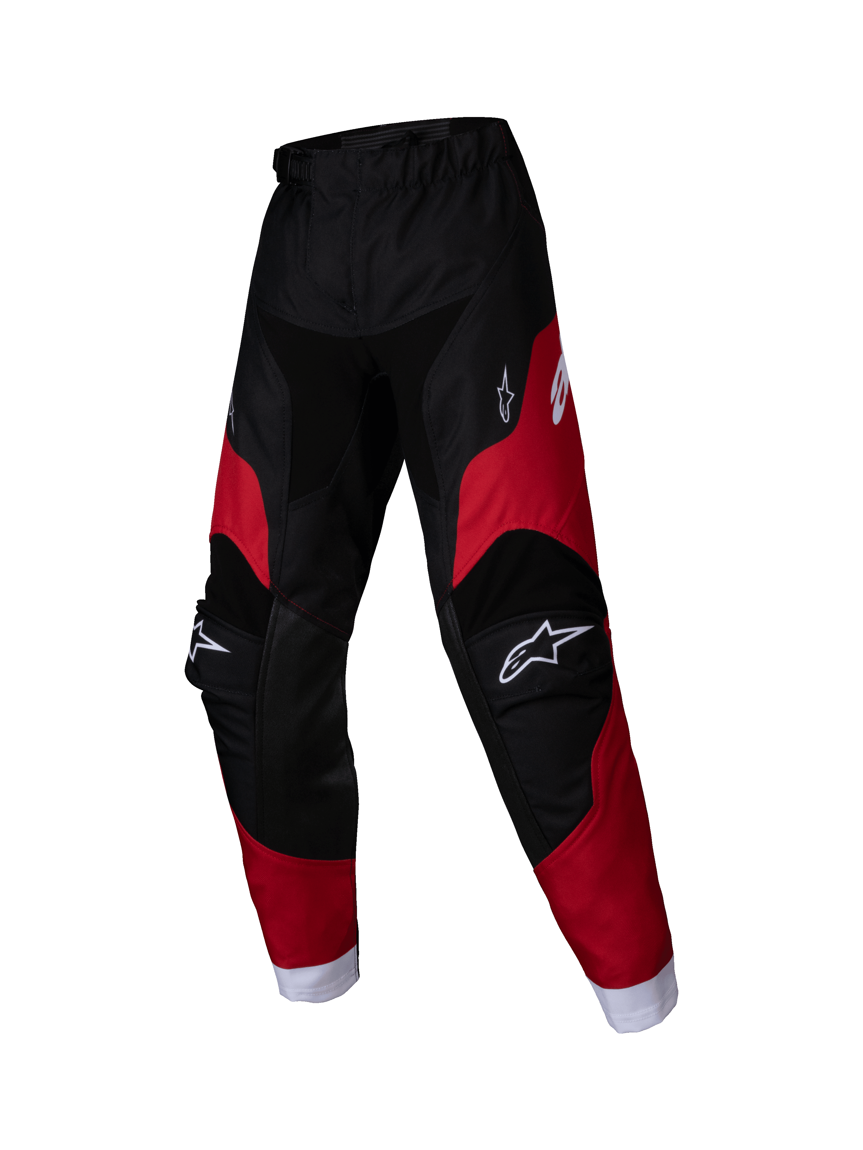 Alpinestars 2025 Kids Racer Veil Pants, Youth Motocross Pants, Black and Bright Red, white logos on thighs and knees, white ankle cuffs, pre-curved ergonomic design, durable material for off-road racing