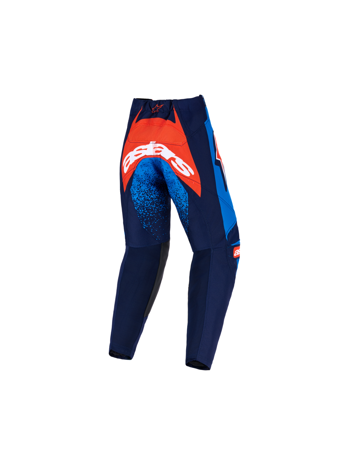 Alpinestars 2026 Kids Racer Nomur Hose, Motocross-Hose, Dunkelblau, Orange und UCLA-Blau, Rückansicht mit großem orangefarbenem Panel am Gesäß und weißem Branding, blau gesprenkelte Akzente an den Oberschenkeln, strapazierfähige Textilkonstruktion für den Offroad-Einsatz.